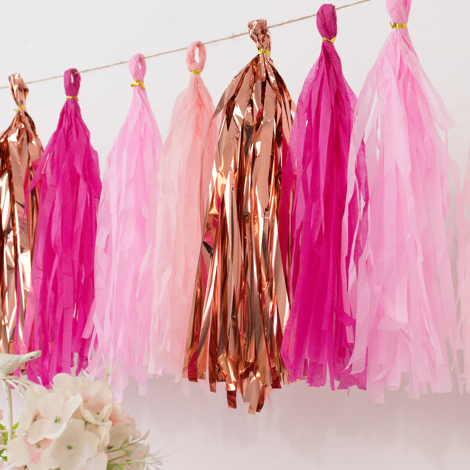16 Pack Pre-Tied Foil Tassel Garland Party Decoration – Pink & Rose Gold Paper Tassels with 10ft Hanging String - Image 9