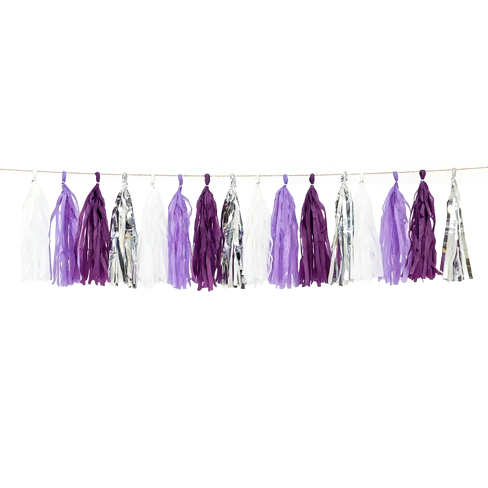 16 Pack Pre-Tied Foil Tassel Garland Party Decoration – Purple & Silver Paper Tassels with 10ft Hanging String - Image 2