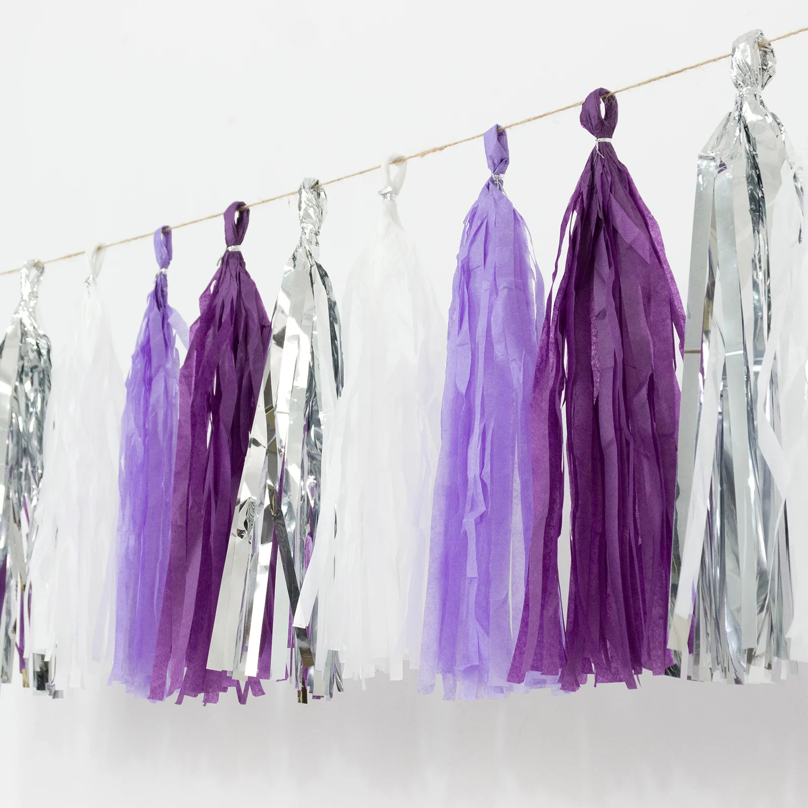 16 Pack Pre-Tied Foil Tassel Garland Party Decoration – Purple & Silver Paper Tassels with 10ft Hanging String - Image 7