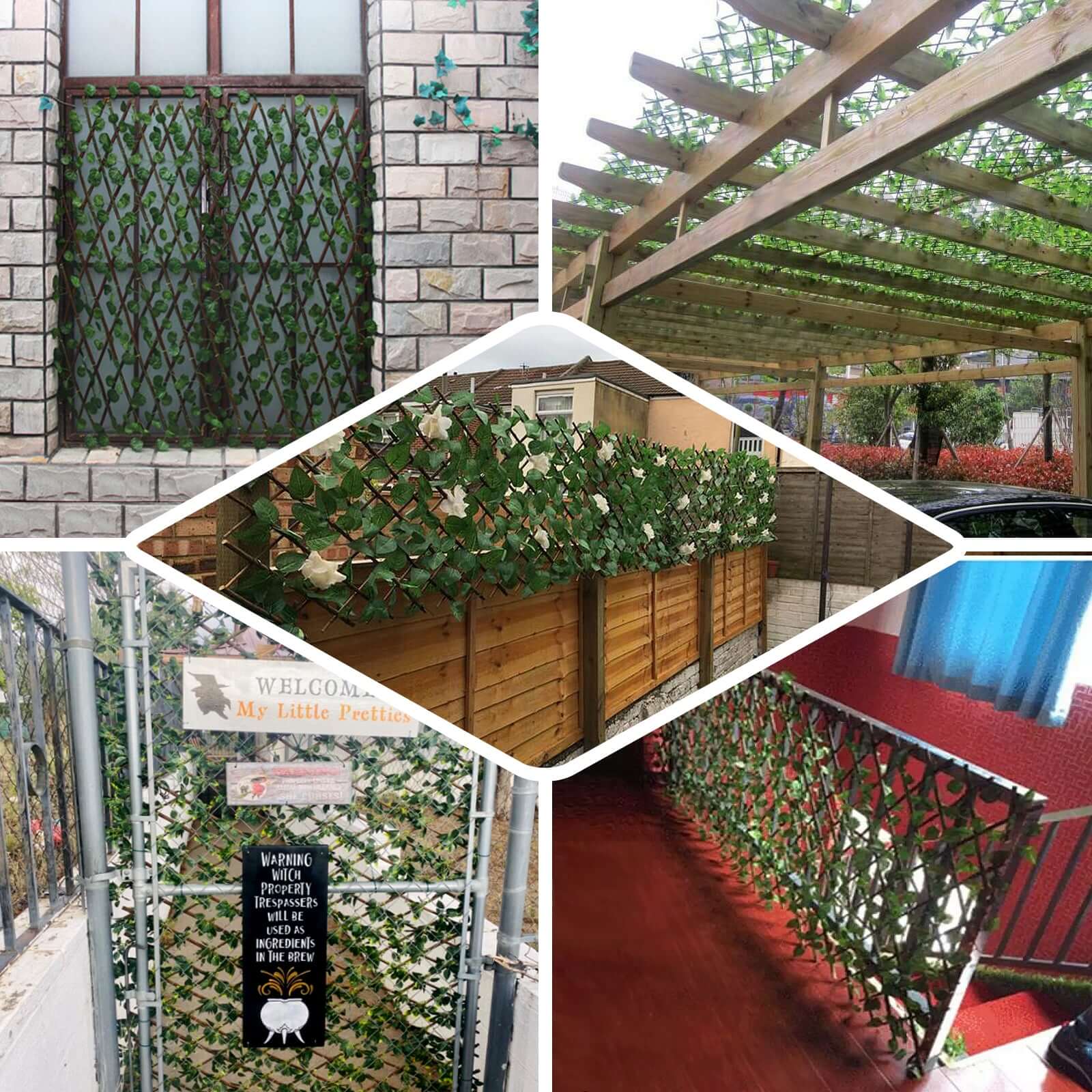 Expandable Wooden Lattice Fence With Artificial Ivy Leaf Trellis Vines, Accordion Backdrop Fencing 17"x95" - Image 5