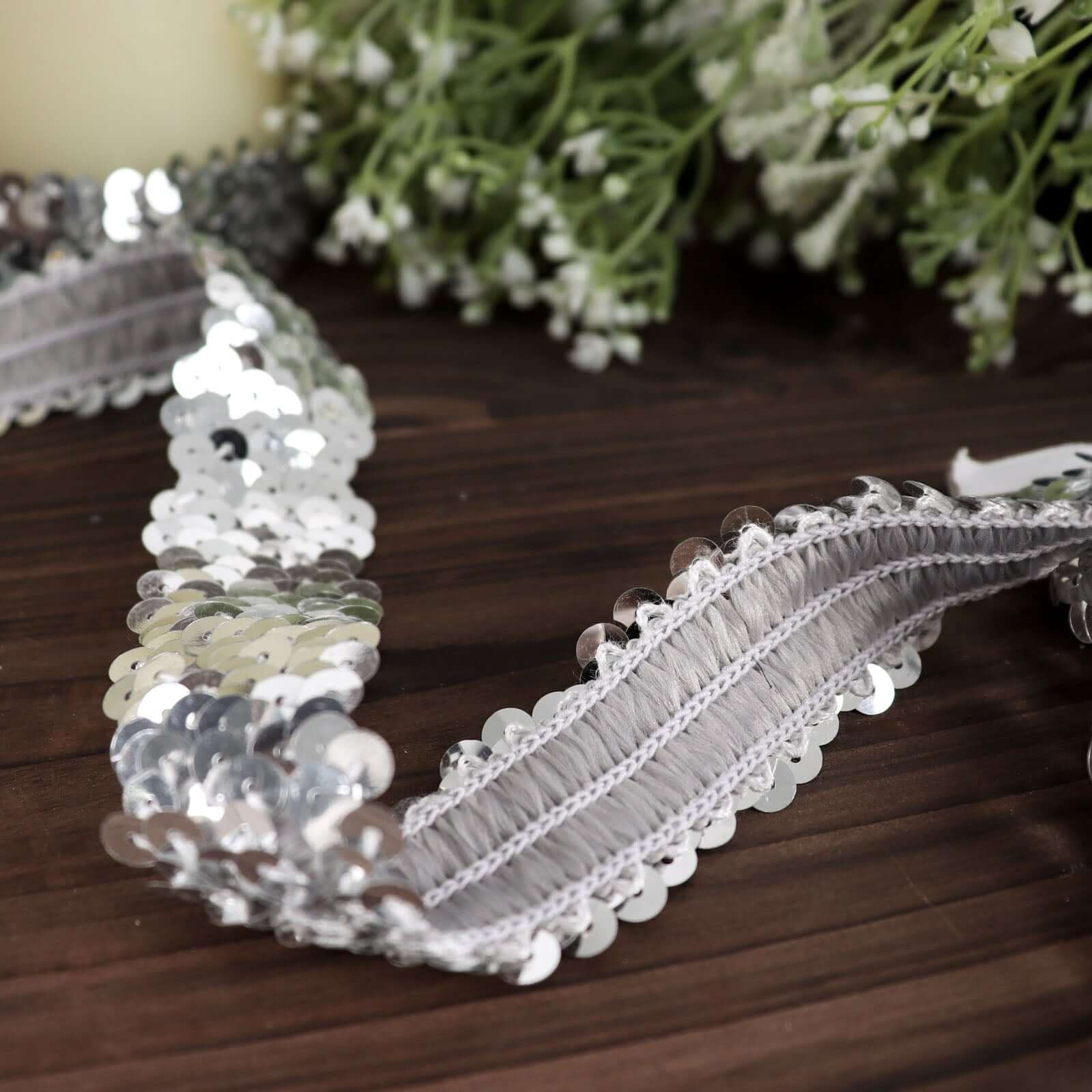 Metallic Silver Sequin Stretch Fabric Ribbon, Elastic Lace Trim, Shiny Glitter Craft Fabric 1"x10 Yards - Image 2