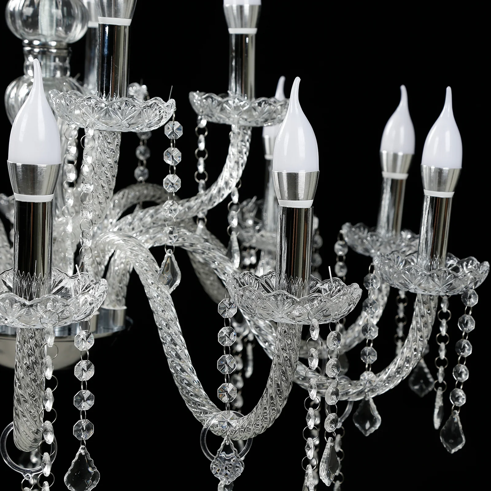 Crystal Chandelier with 10 LED Candle Bulbs – Silver 2-Tier Acrylic Ceiling Light Fixture with Decorative Upper Crystals for Dining Room or Entryway – 2.5ft - Image 9