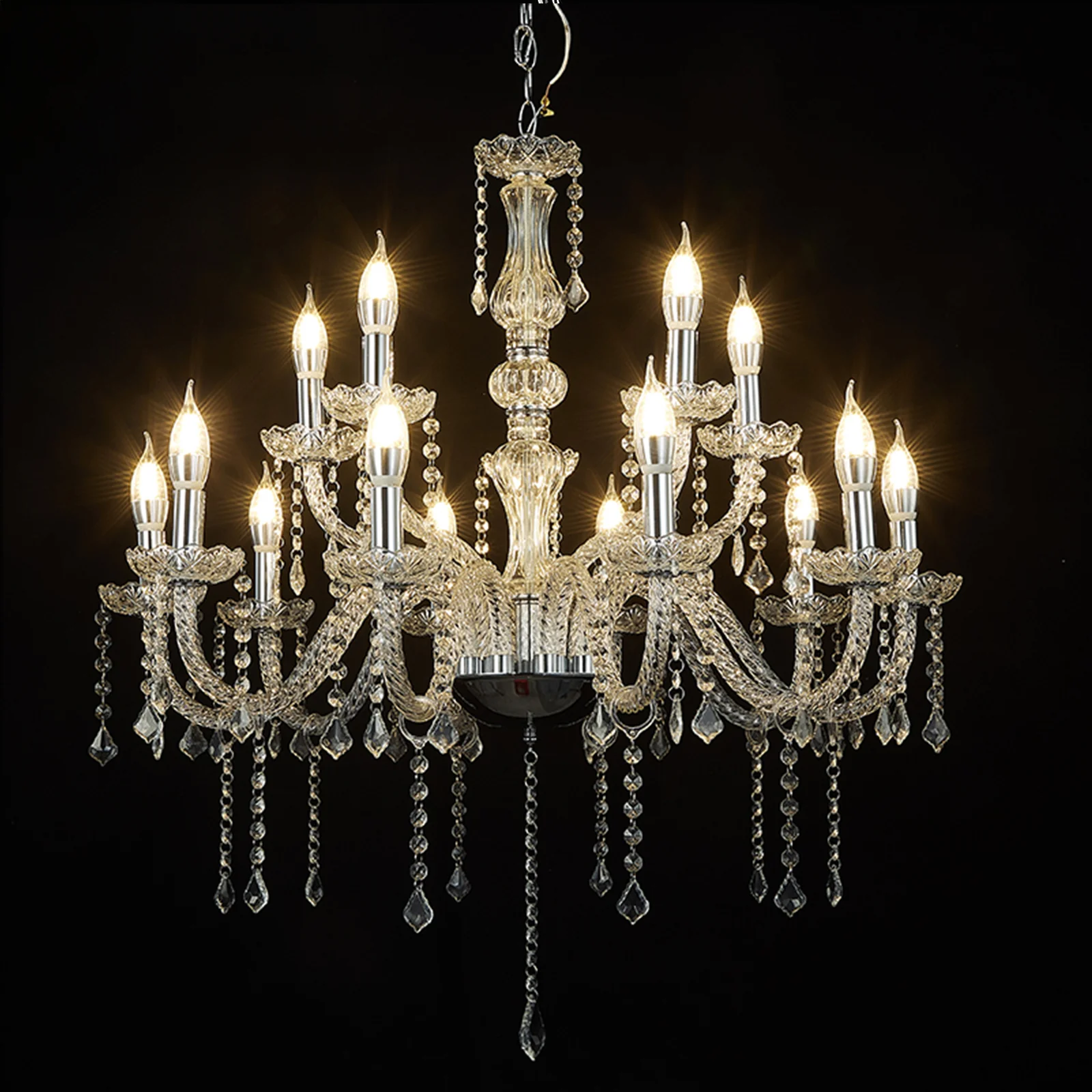 Crystal Chandelier with 15 LED Candle Bulbs – Silver 2-Tier Acrylic Ceiling Light Fixture with Illuminated Upper and Lower Layers for Dining Room or Entryway – 2.5ft - Image 3