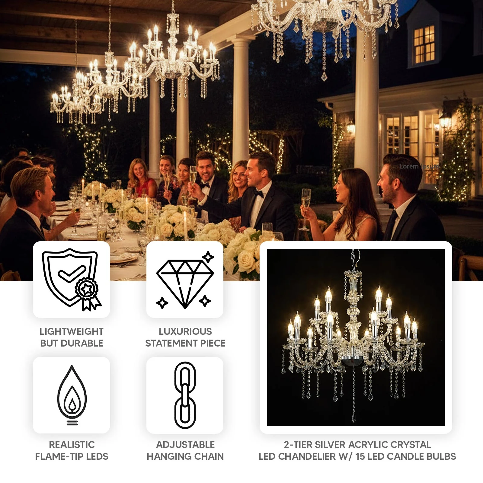 Crystal Chandelier with 15 LED Candle Bulbs – Silver 2-Tier Acrylic Ceiling Light Fixture with Illuminated Upper and Lower Layers for Dining Room or Entryway – 2.5ft - Image 4