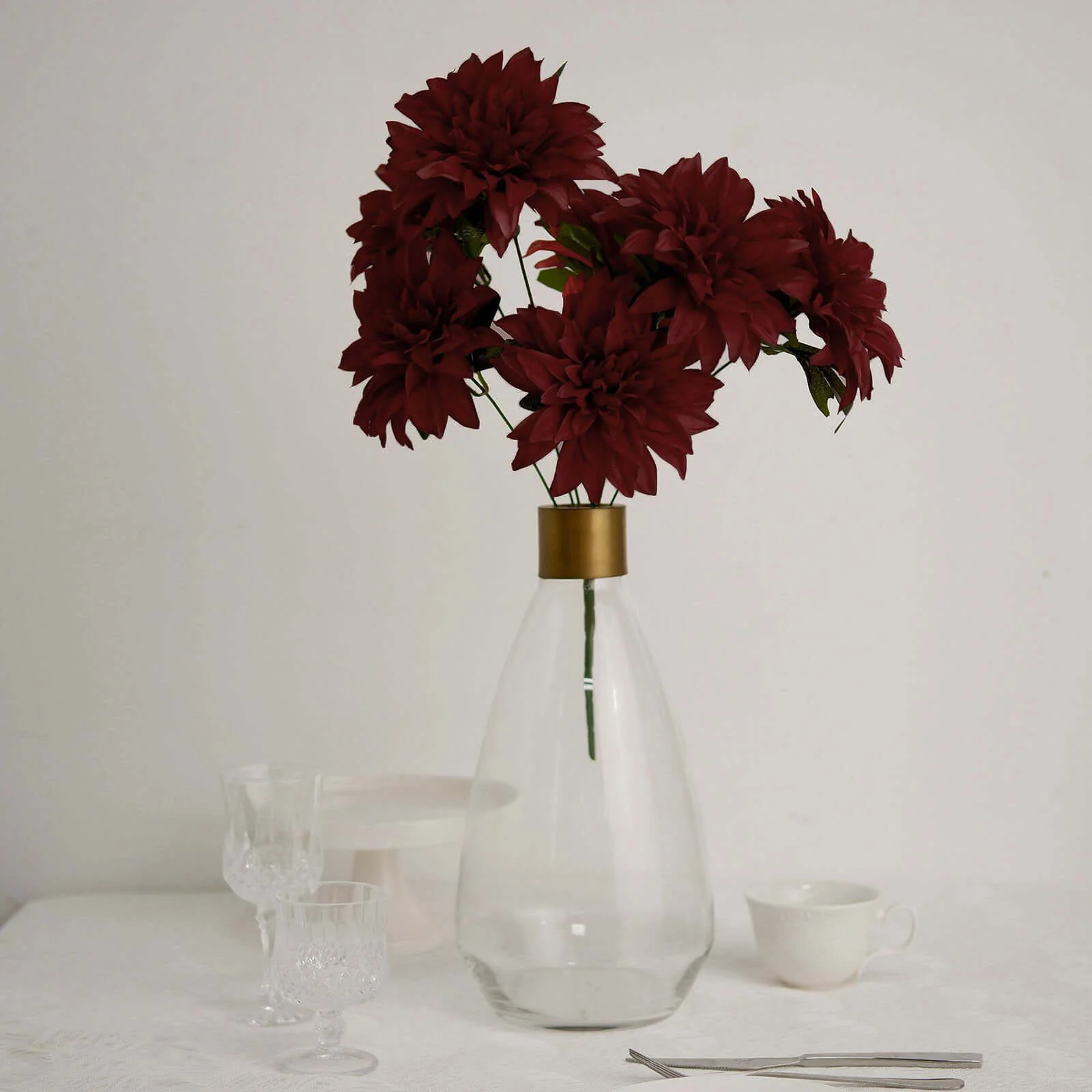 2 Bouquets Burgundy Artificial Silk Dahlia Flower Spray Bushes 20"