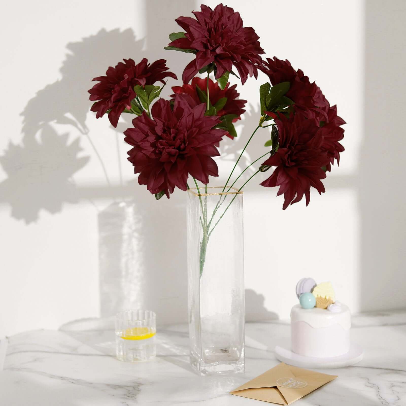 2 Bouquets Burgundy Artificial Silk Dahlia Flower Spray Bushes 20" - Image 6