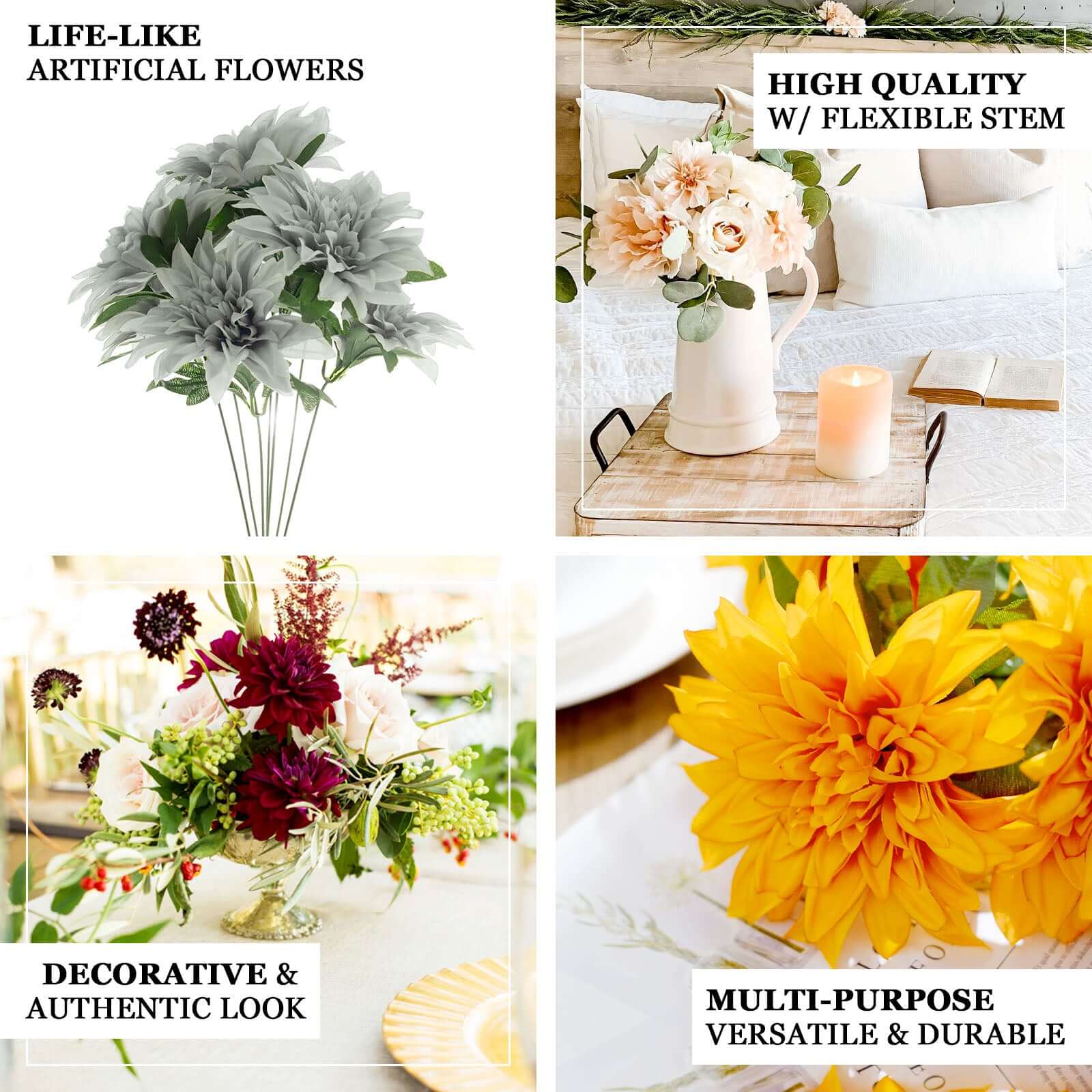 2 Bouquets White Artificial Silk Dahlia Flower Spray Bushes 20" - Image 4