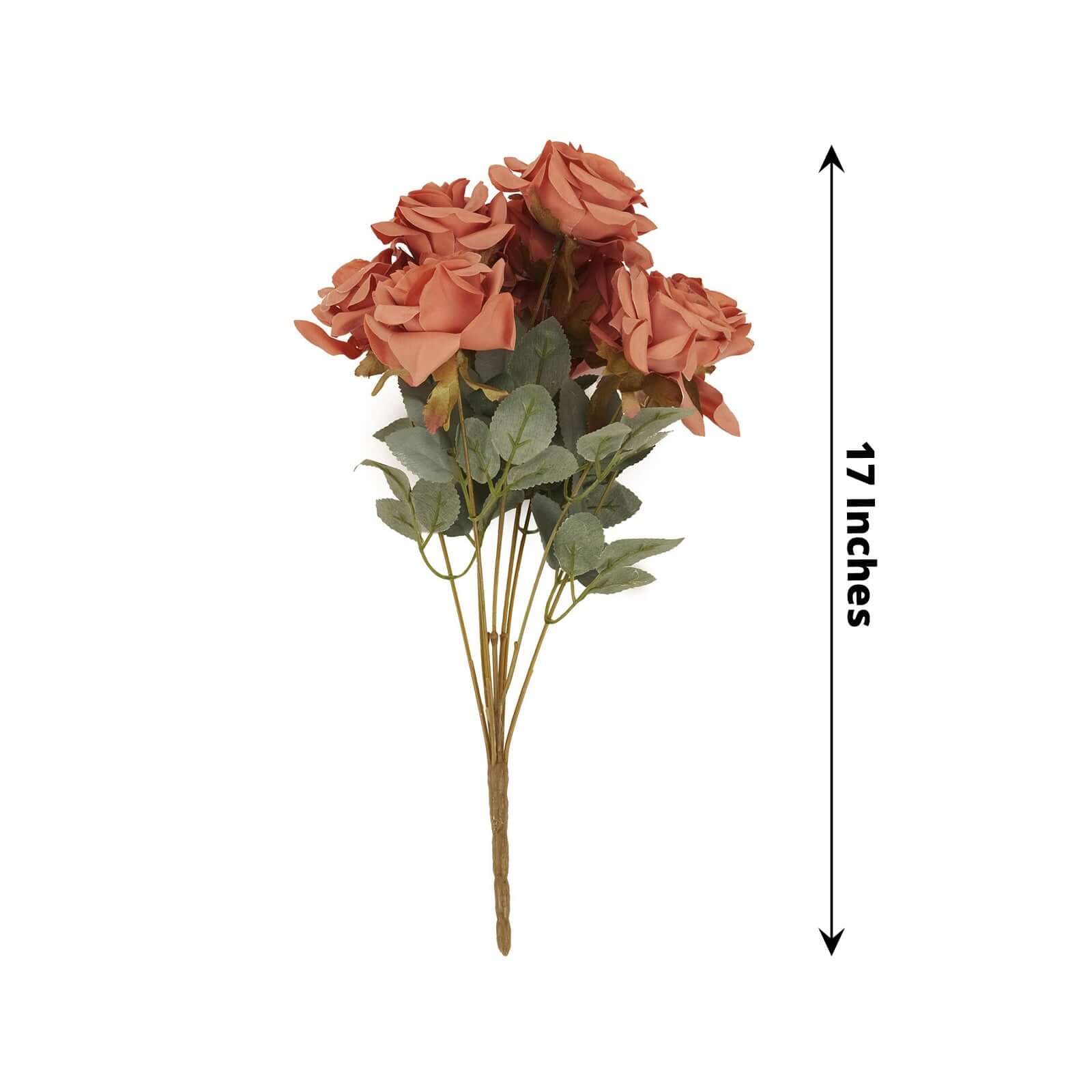 2 Bouquets Terracotta (Rust) Real Touch Artificial Silk Rose Flower Bushes 17" - Image 3
