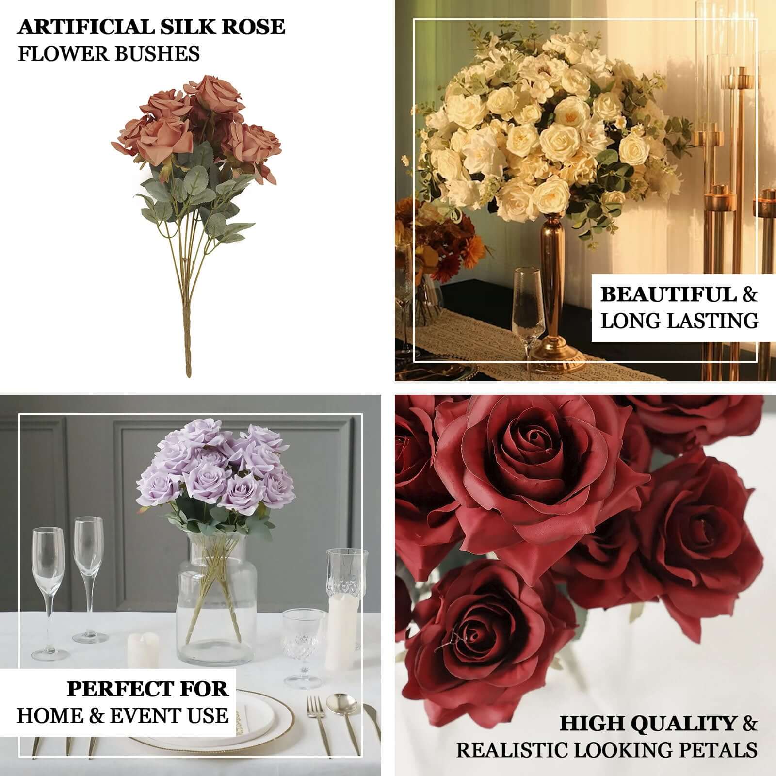 2 Bouquets Terracotta (Rust) Real Touch Artificial Silk Rose Flower Bushes 17" - Image 4