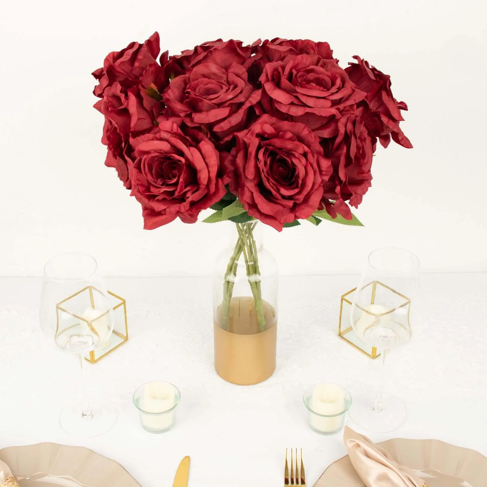 2 Bushes Burgundy Premium Silk Jumbo Rose Flower Bouquet, High Quality Artificial Wedding Floral Arrangements 17" - Image 10