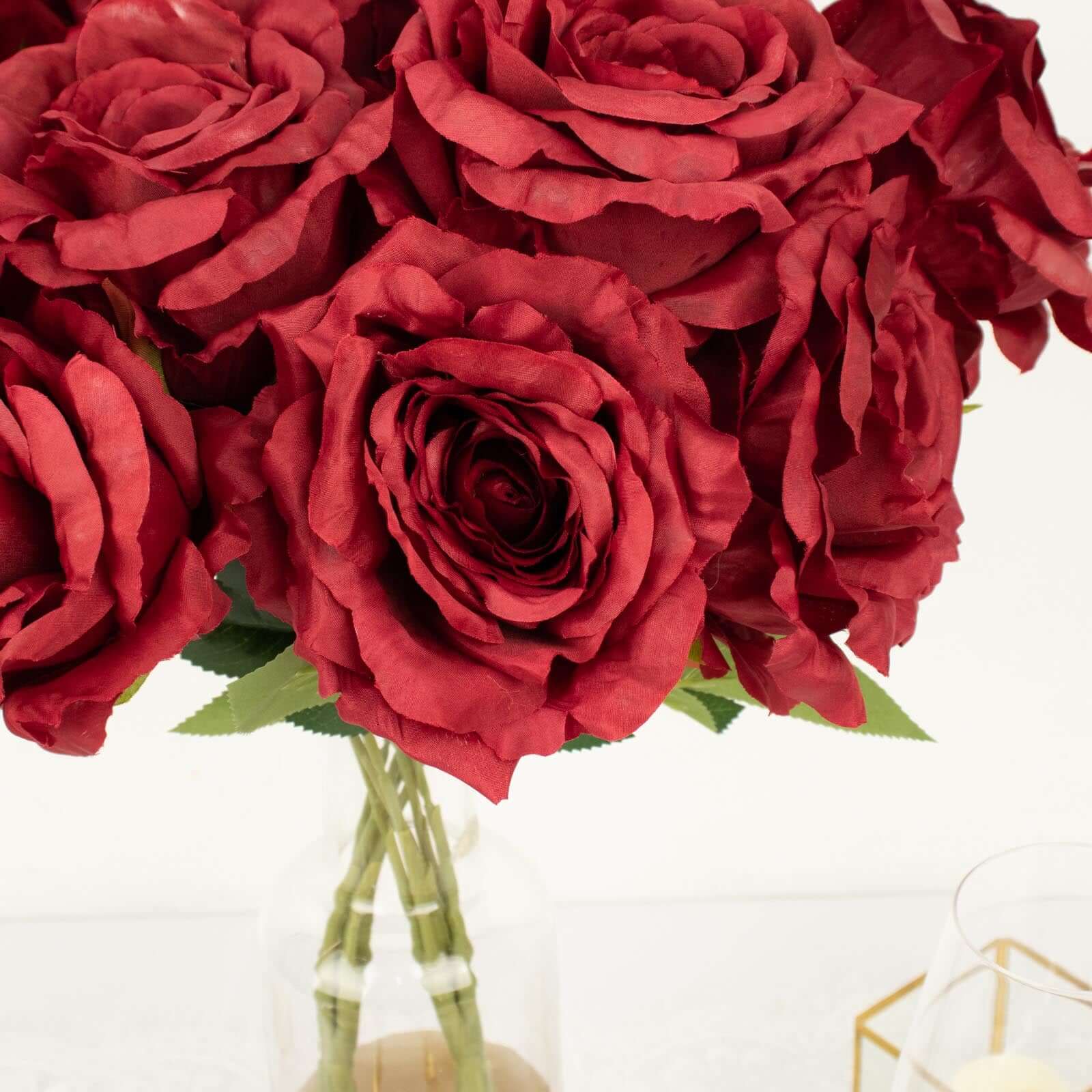 2 Bushes Burgundy Premium Silk Jumbo Rose Flower Bouquet, High Quality Artificial Wedding Floral Arrangements 17" - Image 2