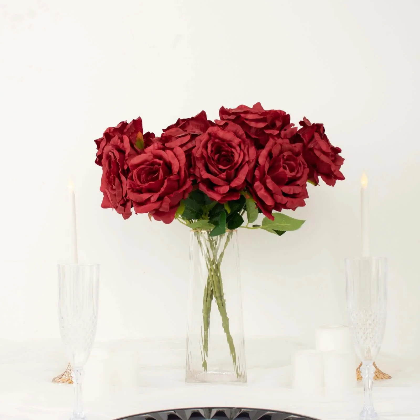 2 Bushes Burgundy Premium Silk Jumbo Rose Flower Bouquet, High Quality Artificial Wedding Floral Arrangements 17" - Image 8