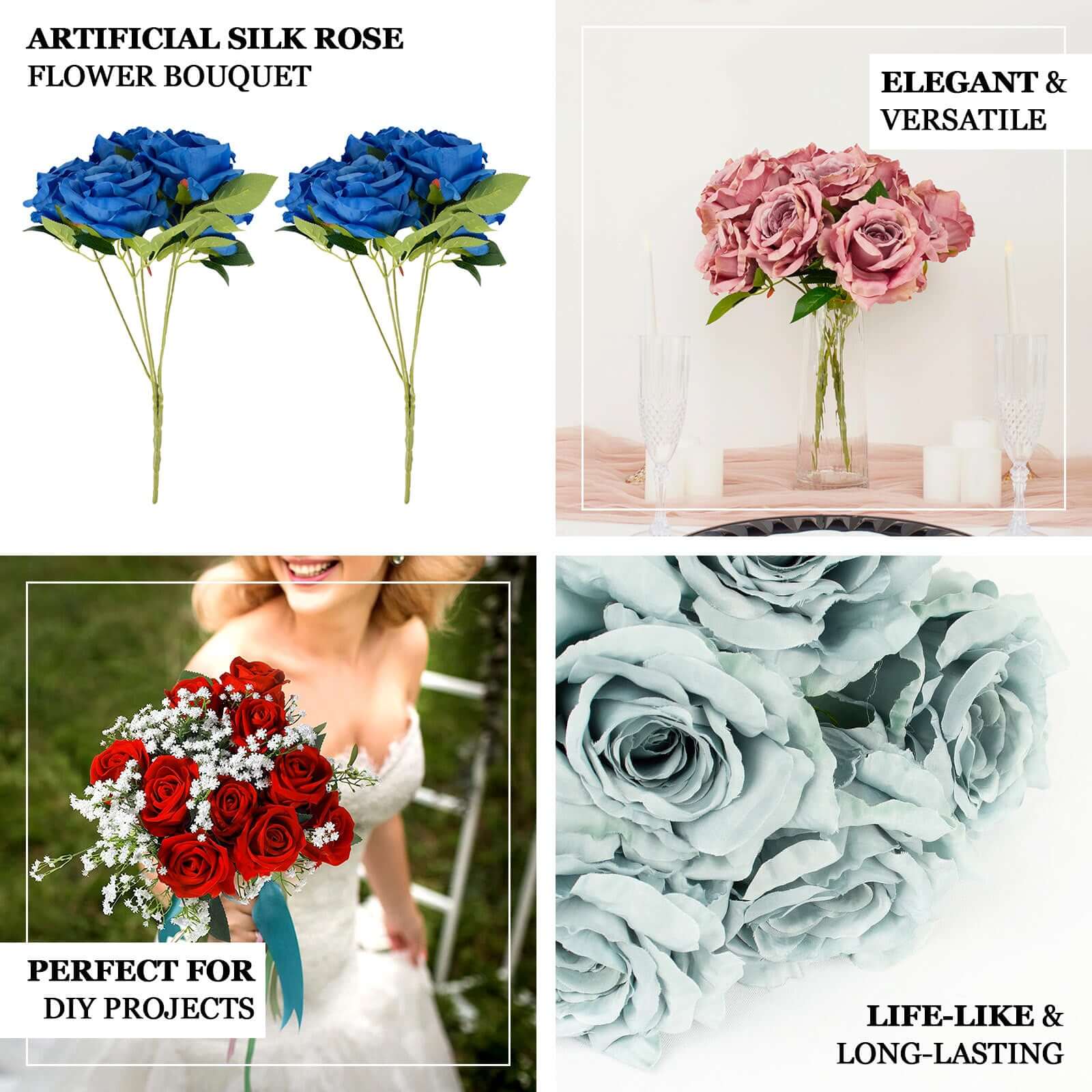 2 Bushes Dusty Rose Premium Silk Jumbo Rose Flower Bouquet, High Quality Artificial Wedding Floral Arrangements 17" - Image 4
