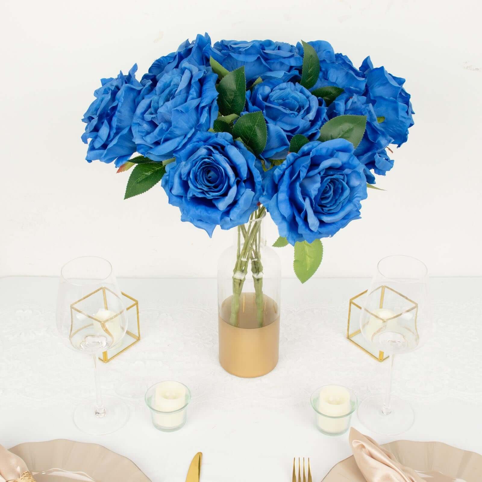 2 Bushes Royal Blue Premium Silk Jumbo Rose Flower Bouquet, High Quality Artificial Wedding Floral Arrangements 17" - Image 10