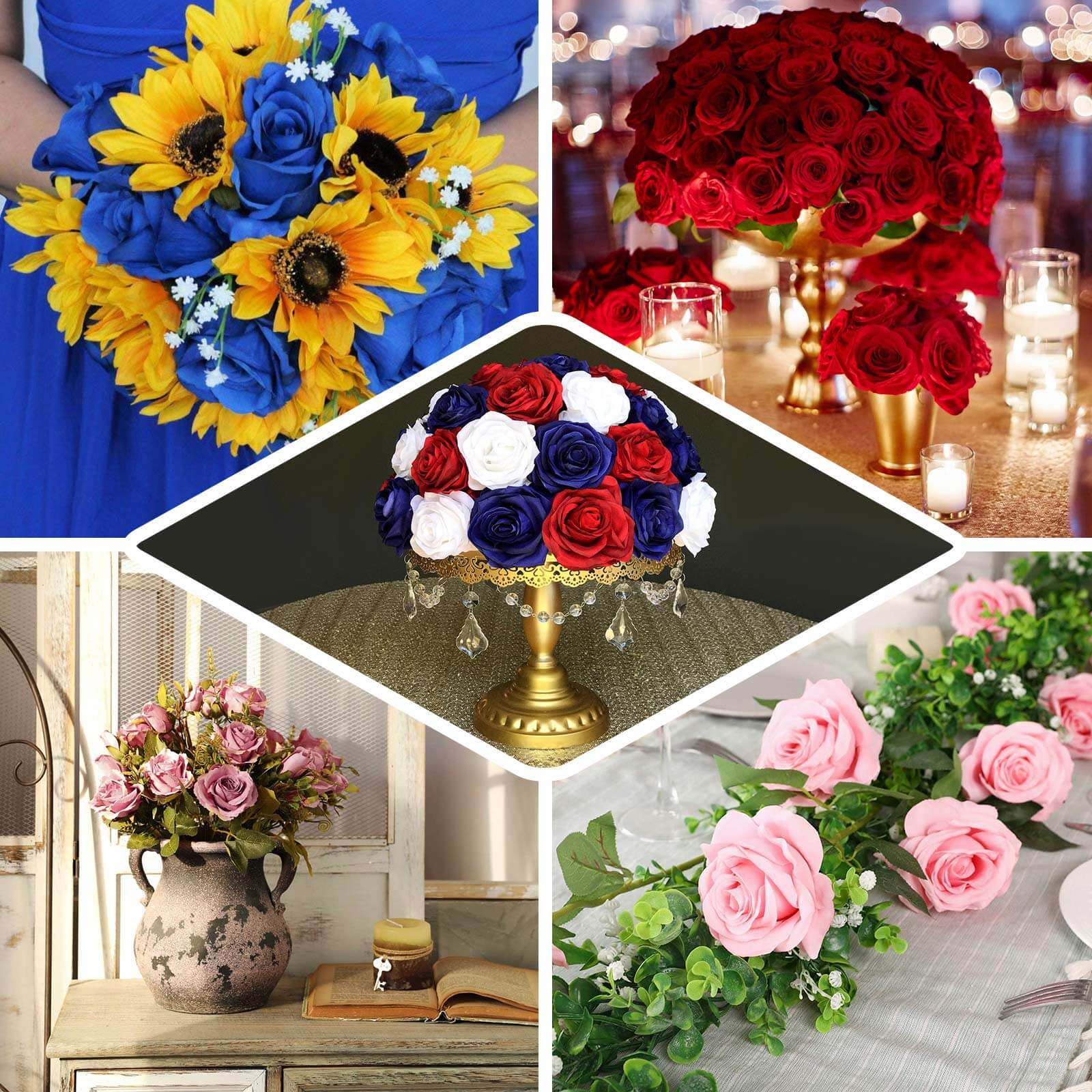 2 Bushes Royal Blue Premium Silk Jumbo Rose Flower Bouquet, High Quality Artificial Wedding Floral Arrangements 17" - Image 5