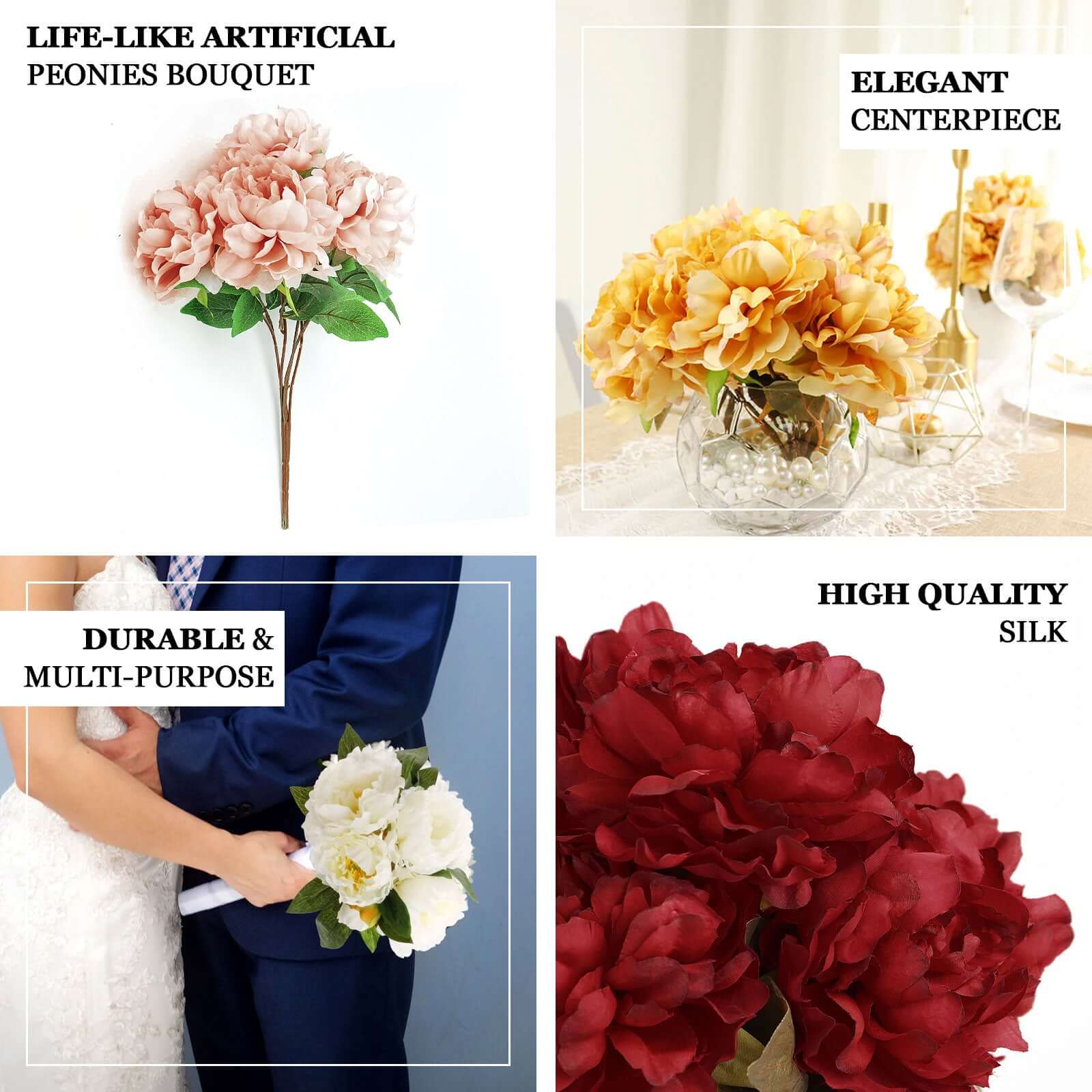 2 Bushes White Artificial Silk Peony Flower Bouquets, Real Touch Peonies Spray 17" - Image 4