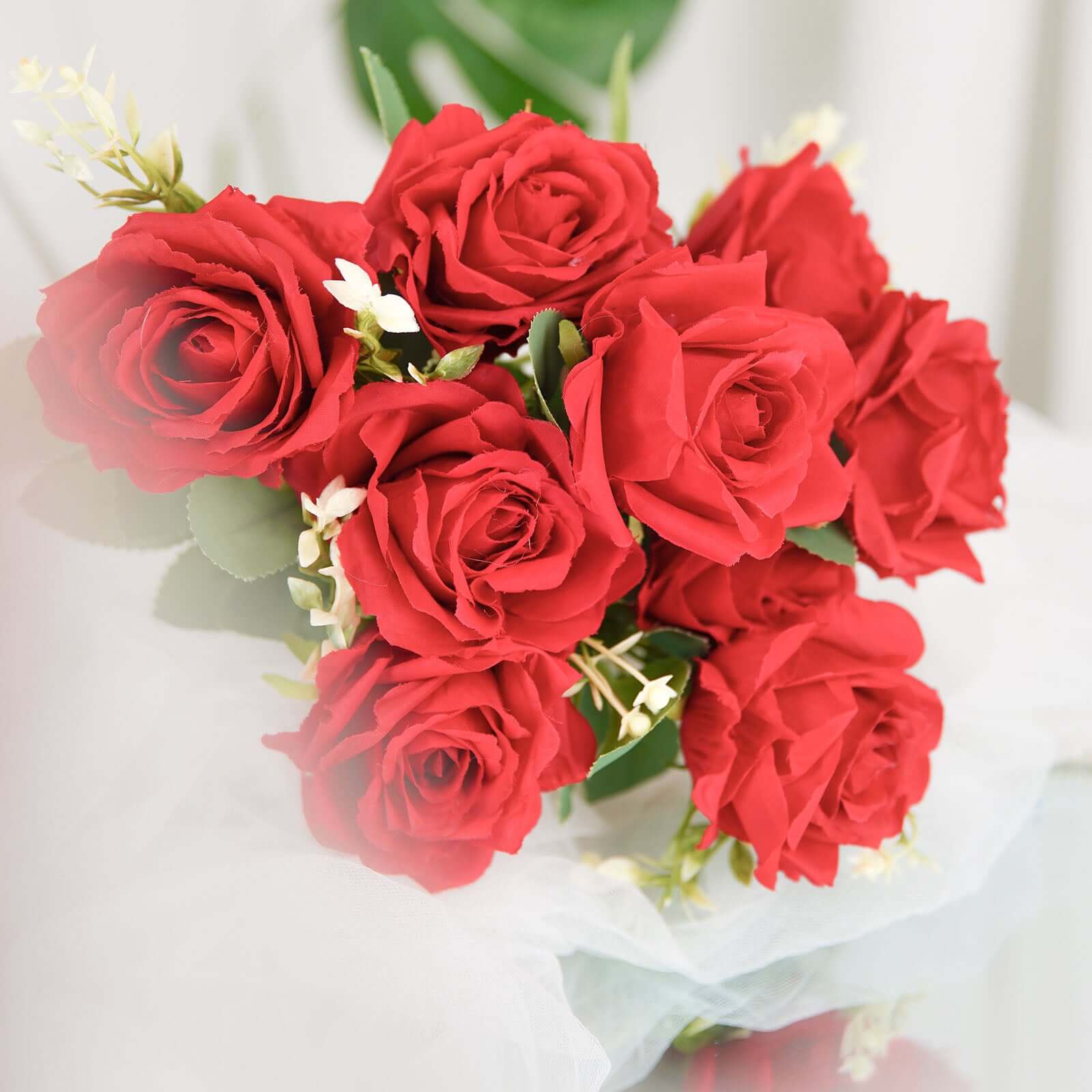 2 Bushes Red Artificial Silk Rose Flower Arrangements, Real Touch Long Stem Flower Bouquet 18" - Image 8