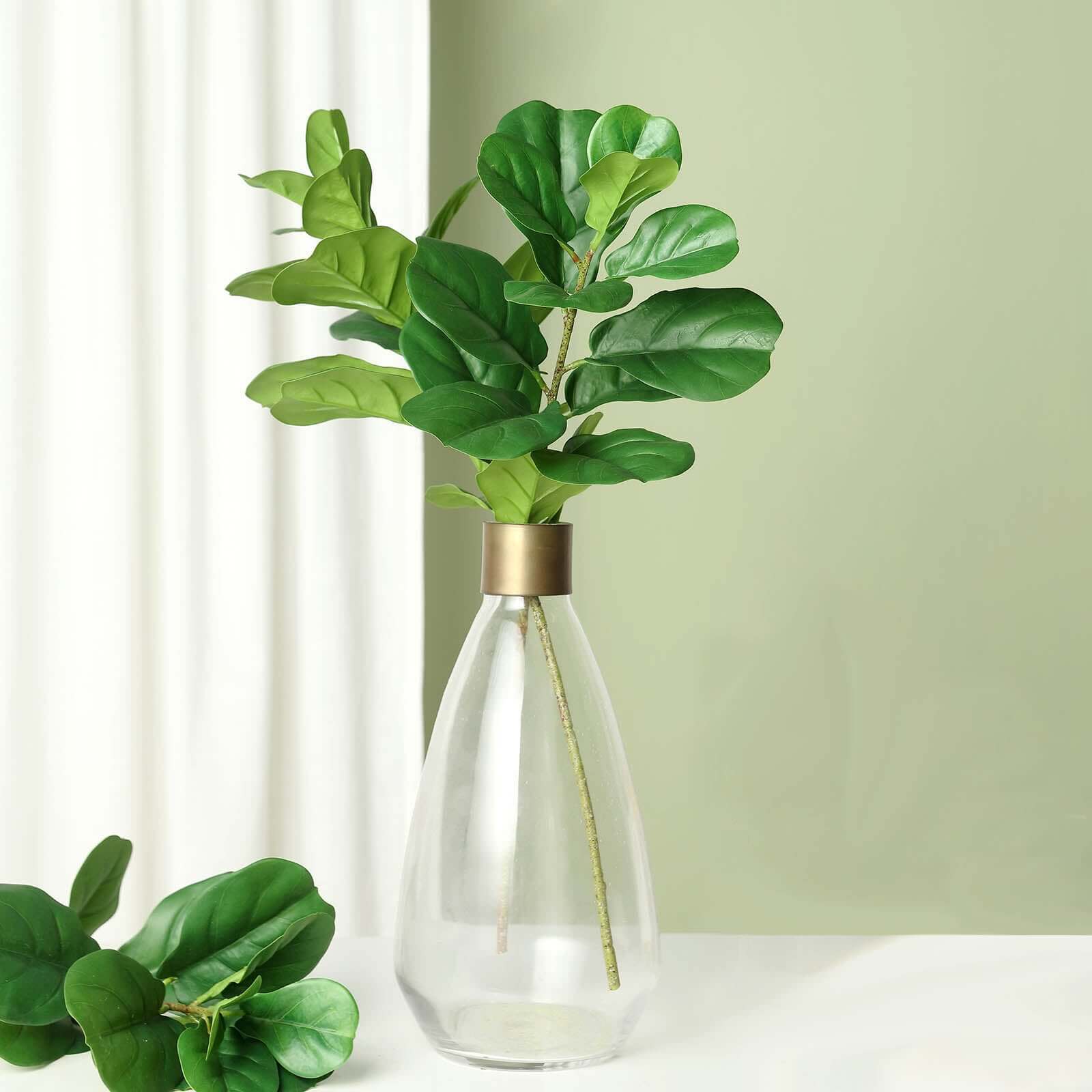 2 Bushes Green Artificial Fiddle Leaf Branch Stems, Faux Plants 25"