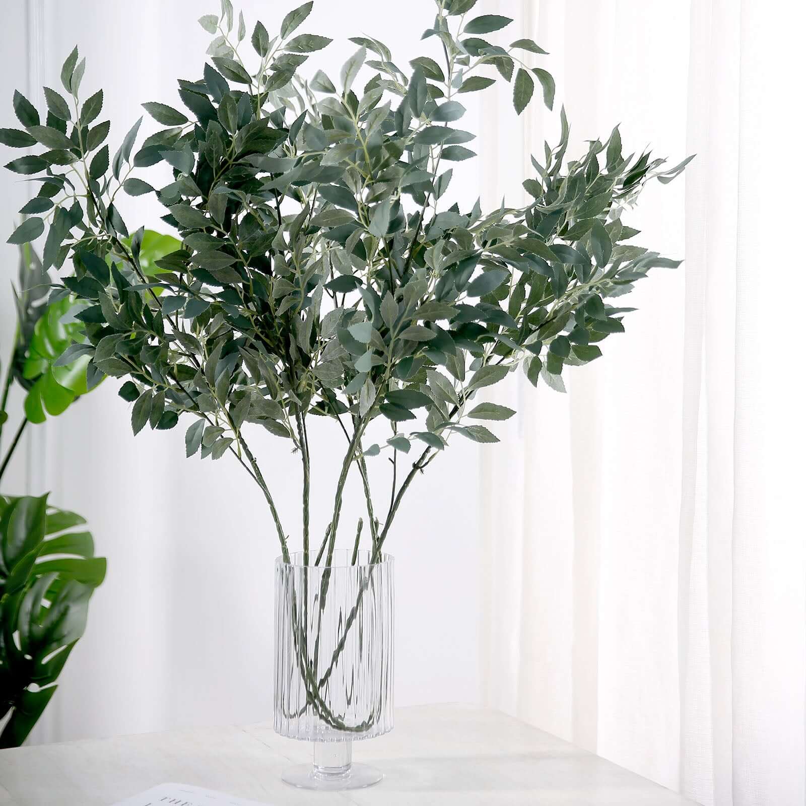2 Bushes Frosted Green Artificial Silk Plant Stem Vase Fillers, Faux Beech Leaf Branches 42" Tall - Image 7