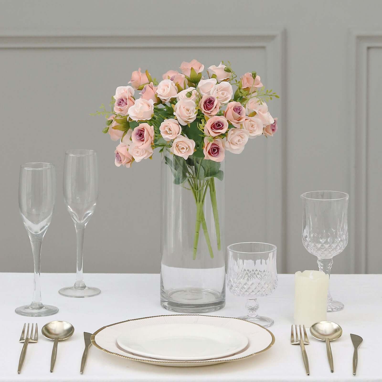 2 Pack Blush Artificial Open Rose Flower Bouquets, Small Faux Floral Arrangements 12" - Image 5