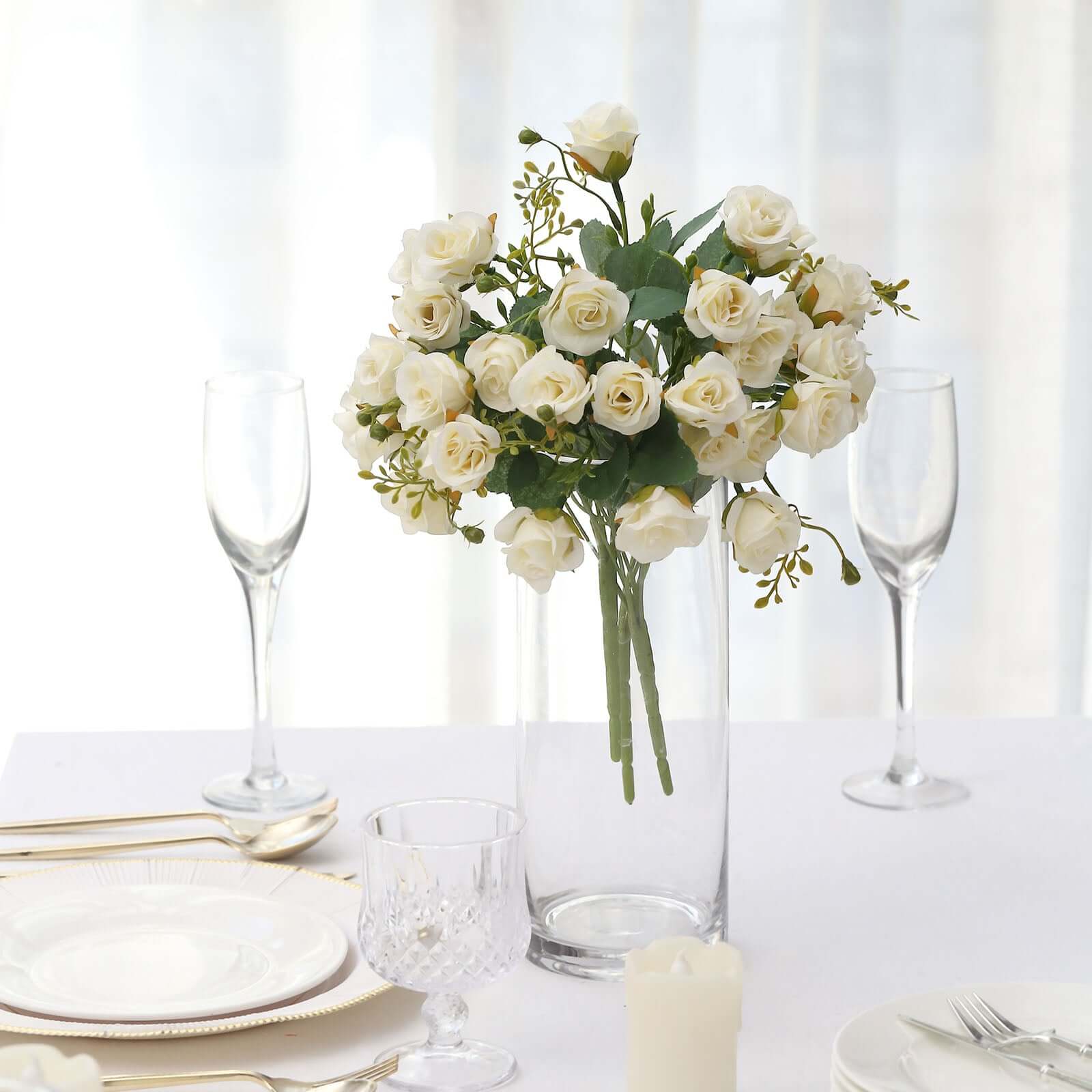 2 Pack Ivory Artificial Open Rose Flower Bouquets, Small Faux Floral Arrangements 12" - Image 8