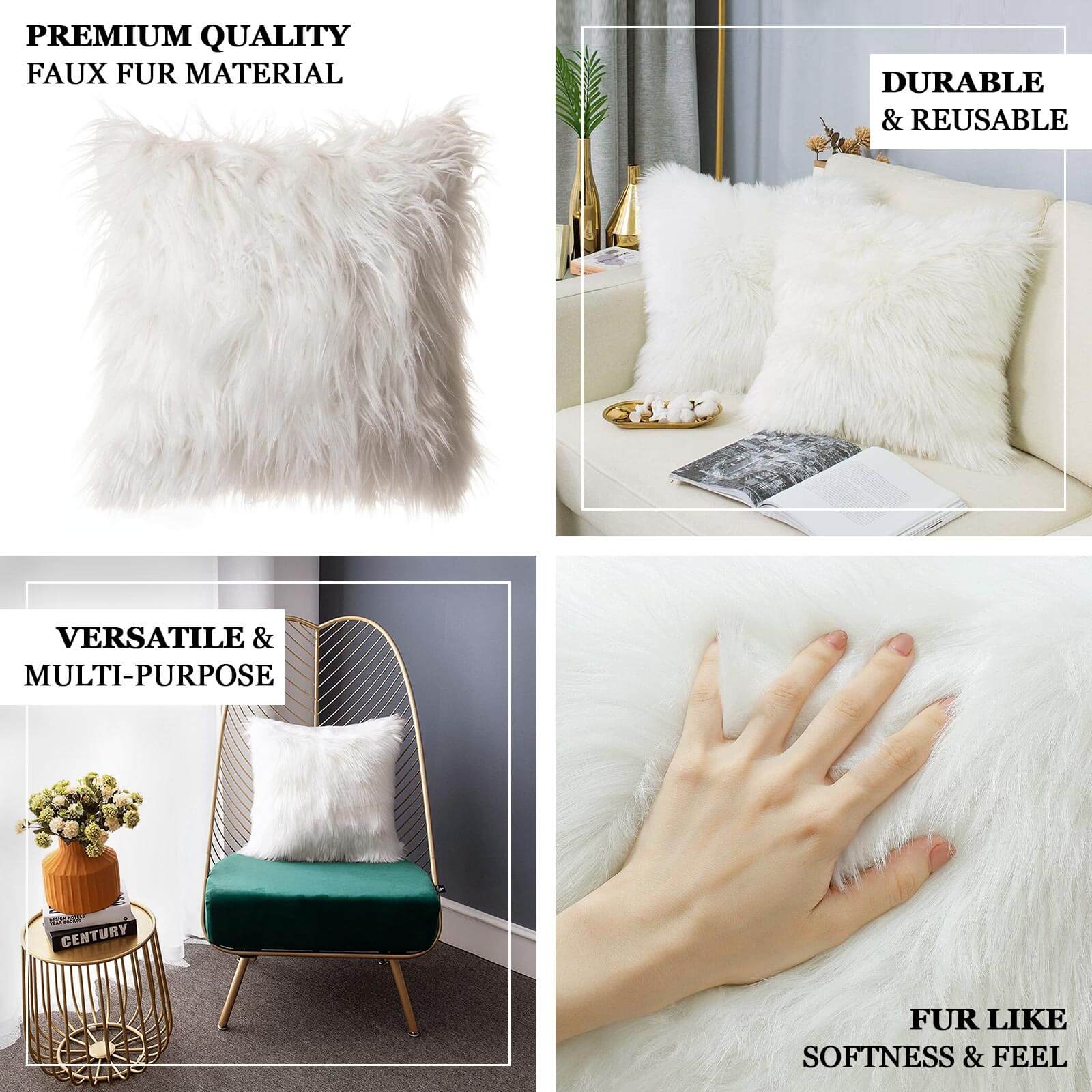 2 Pack White Faux Fur Sheepskin Throw Pillow Cases, Square Pillow Covers 18" - Image 4