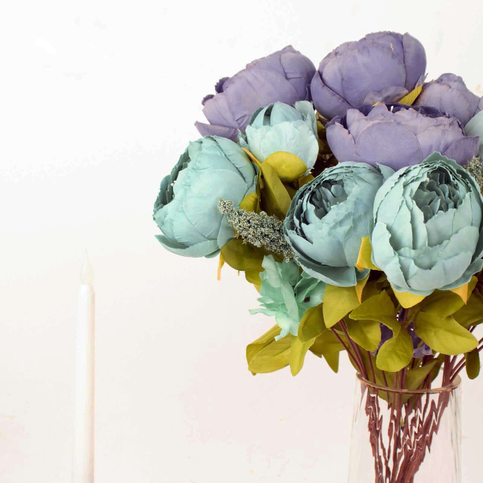 2 Pack Dusty Blue Artificial Peony Flower Wedding Bouquets, Faux Silk Flower Arrangements 19" - Image 14
