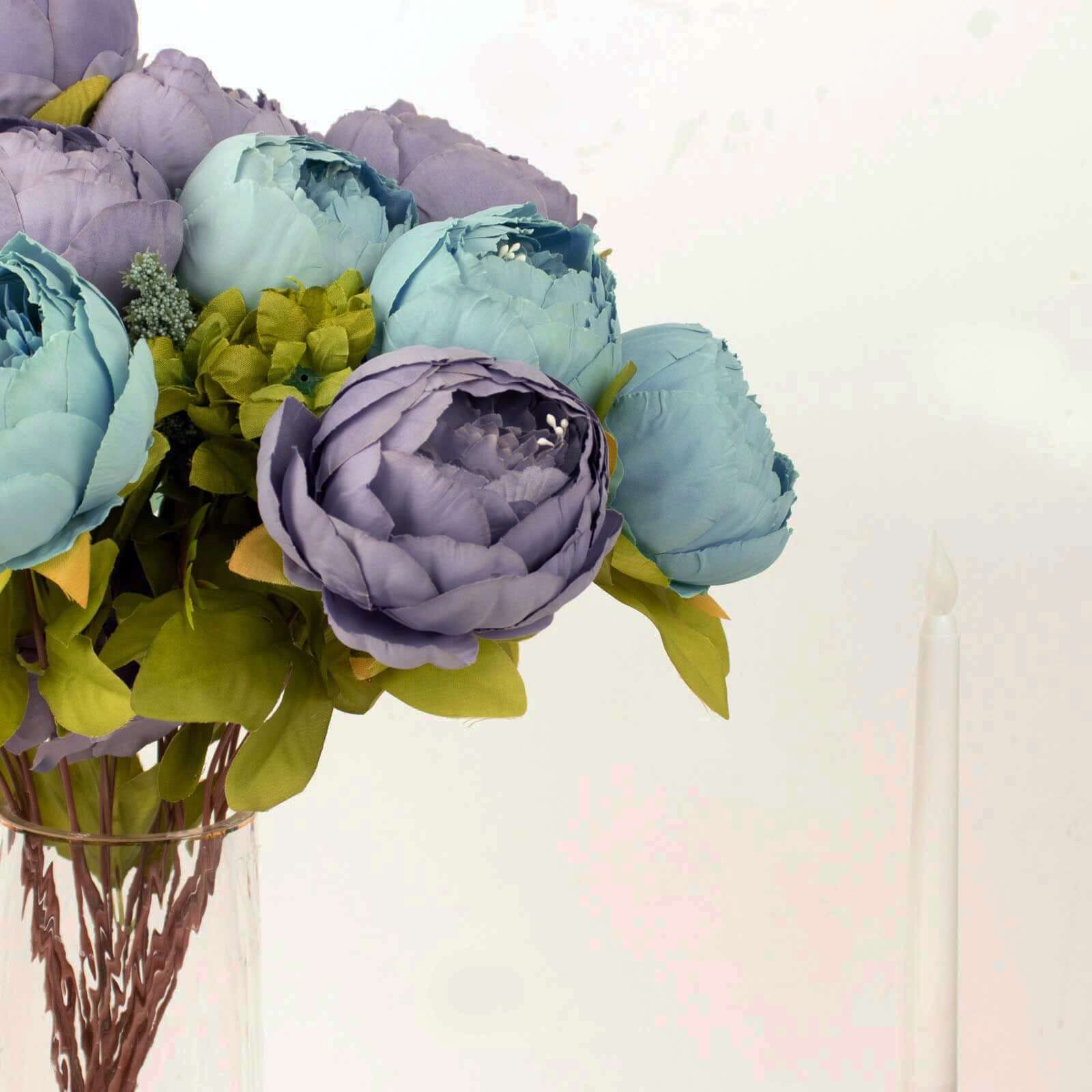 2 Pack Dusty Blue Artificial Peony Flower Wedding Bouquets, Faux Silk Flower Arrangements 19" - Image 15