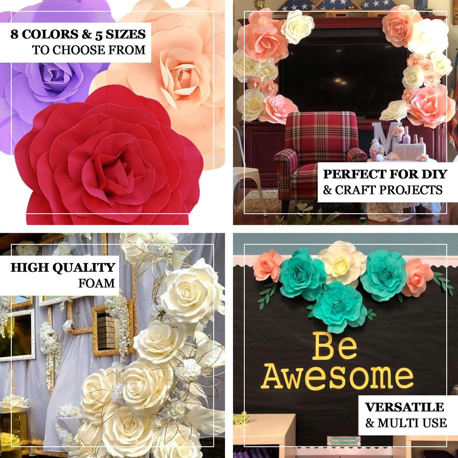 2 Pack Large Silver Real Touch Artificial Foam DIY Craft Roses 24" - Image 4
