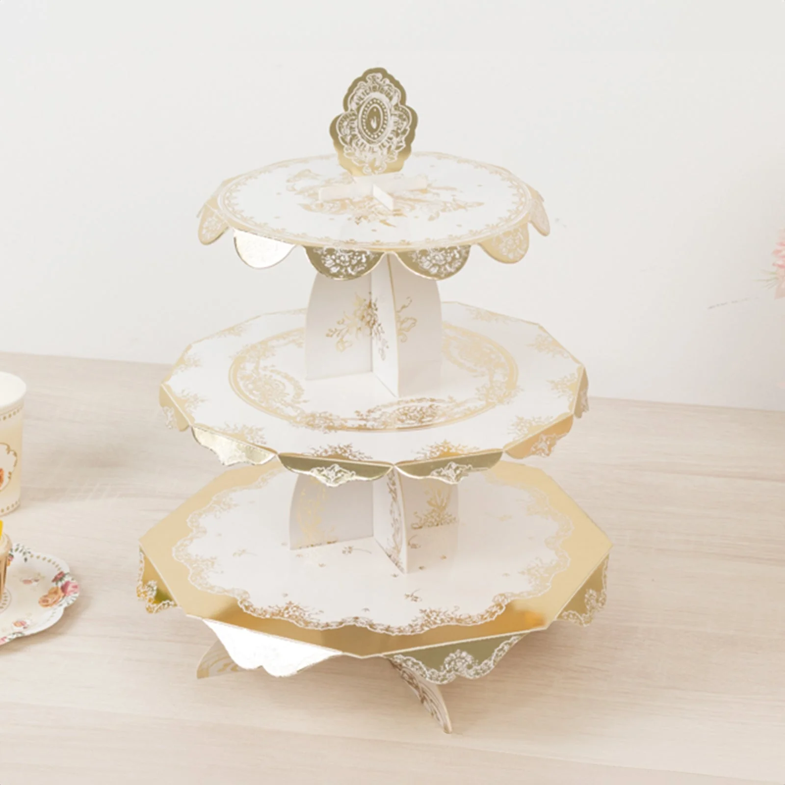 2-Pack 3-Tier Round Cupcake Stands with Vintage Floral Pattern, White Gold Cardboard Dessert Towers - 15" - Image 4