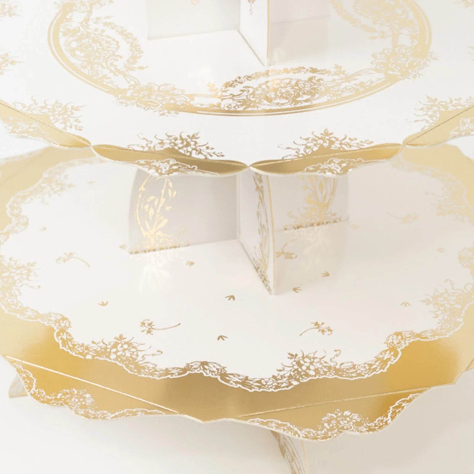 2-Pack 3-Tier Round Cupcake Stands with Vintage Floral Pattern, White Gold Cardboard Dessert Towers - 15" - Image 7