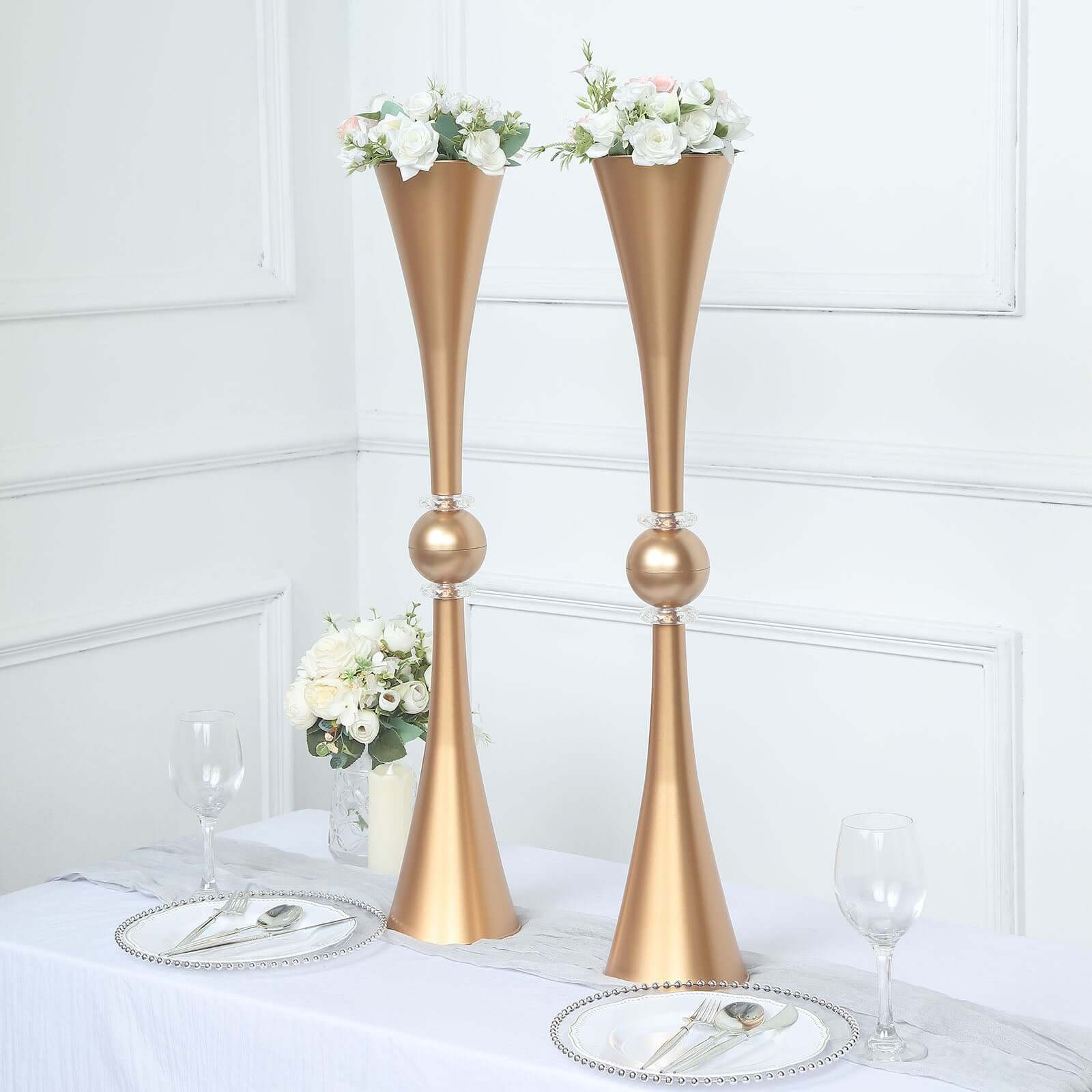2 Pack Gold Crystal Embellishment Trumpet Table Centerpiece, Reversible Plastic Flower Vase 31" - Image 2