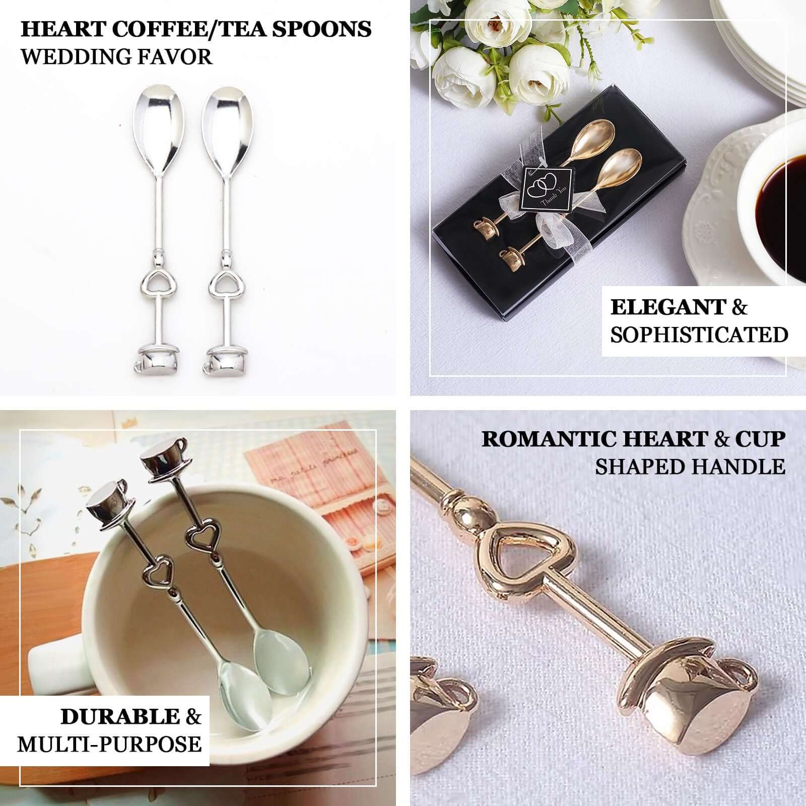 2 Pack Gold Metal Couple Coffee Spoon Set Party Favors, Pre-Packed Wedding Souvenir Gift 4" - Image 4