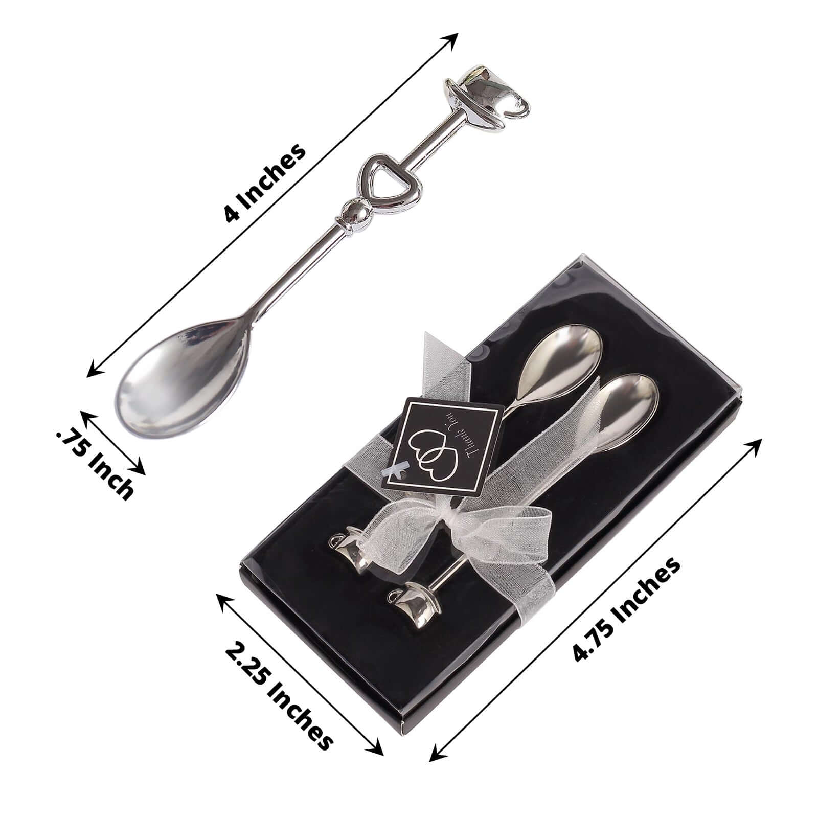 2 Pack Silver Metal Couple Coffee Spoon Set Party Favors, Pre-Packed Wedding Souvenir Gift 4" - Image 3