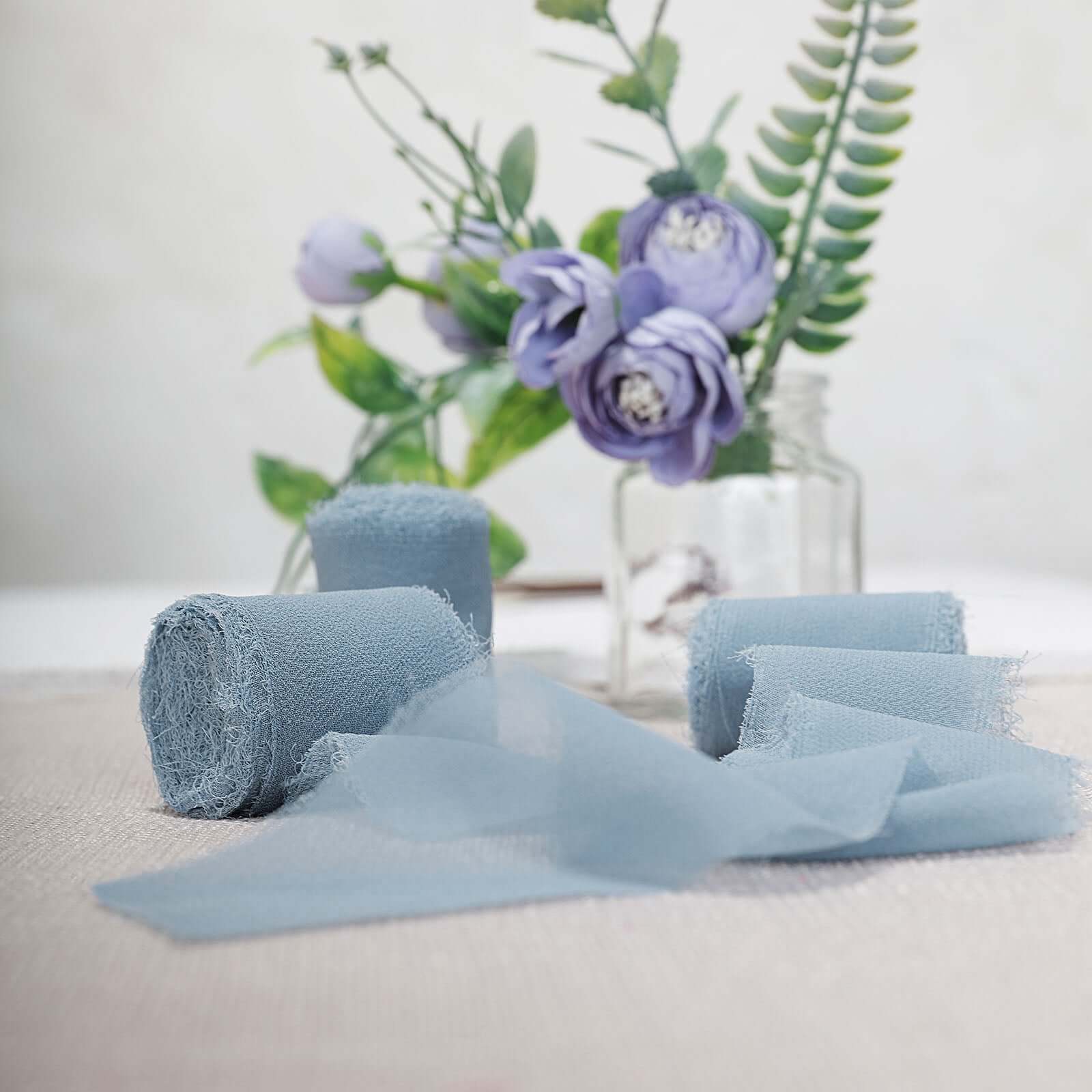 2 Pack Dusty Blue Silk-Like Chiffon Linen Ribbon Roll For Bouquets, Wedding Invitations Gift Wrapping 6yd - Image 2