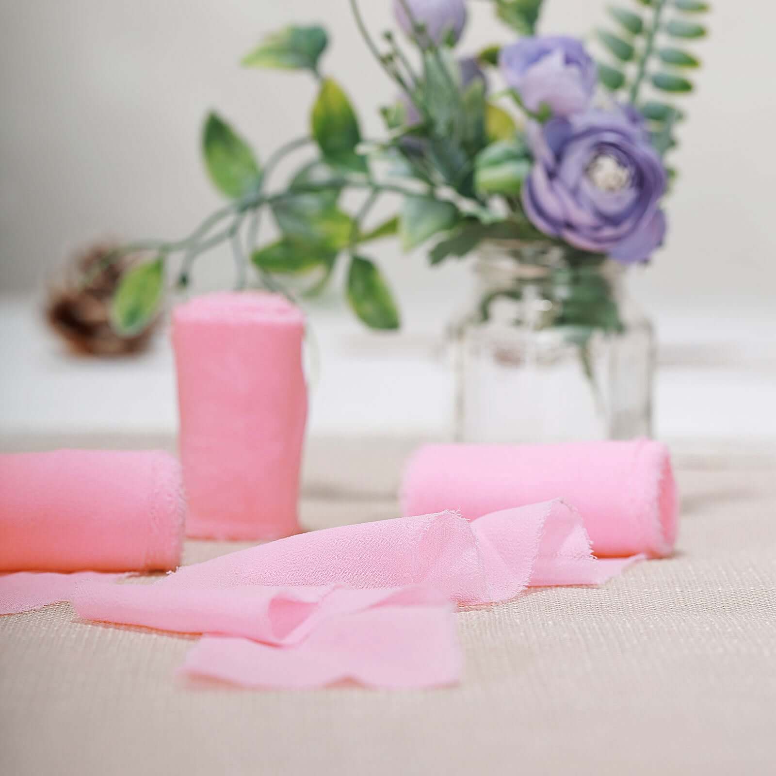 2 Pack Pink Silk-Like Chiffon Linen Ribbon Roll For Bouquets, Wedding Invitations Gift Wrapping 6yd - Image 6