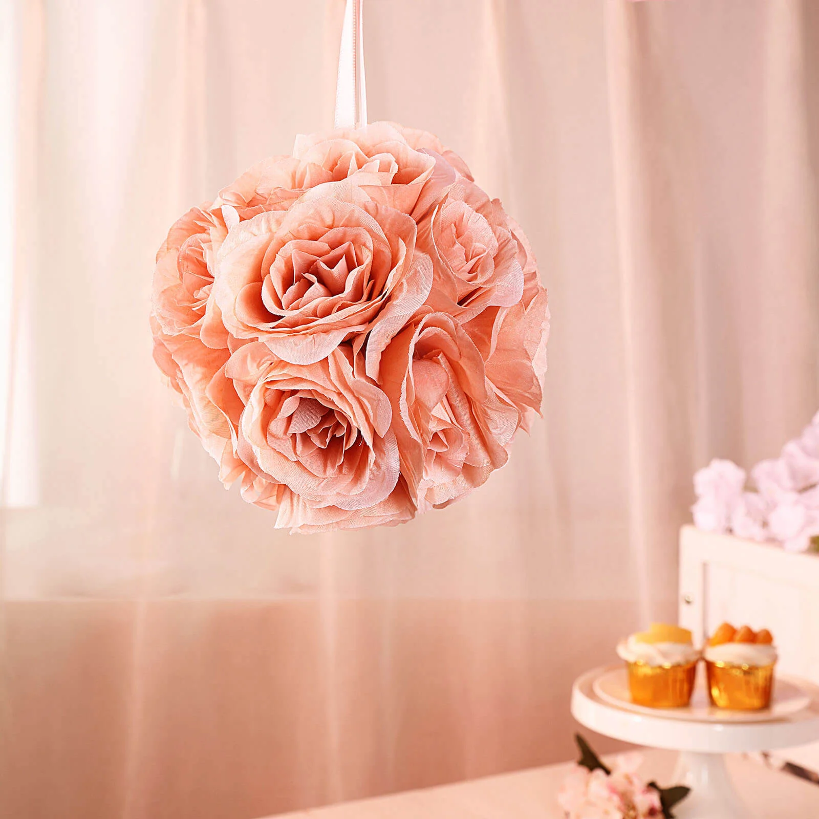 2 Pack Dusty Rose Artificial Silk Rose Kissing Ball, Flower Ball 7" - Image 8