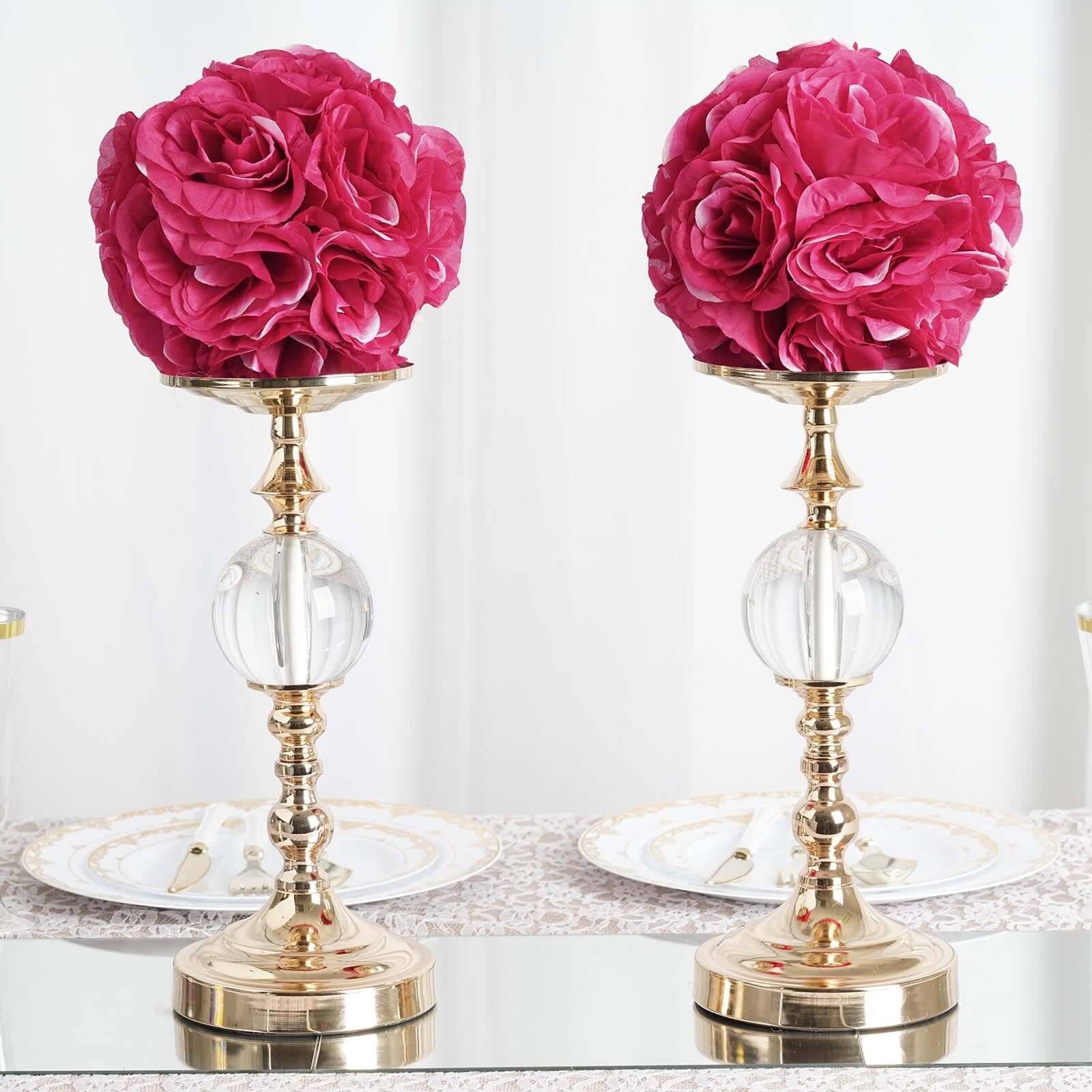 2 Pack Fuchsia Artificial Silk Rose Kissing Ball, Flower Ball 7" - Image 2