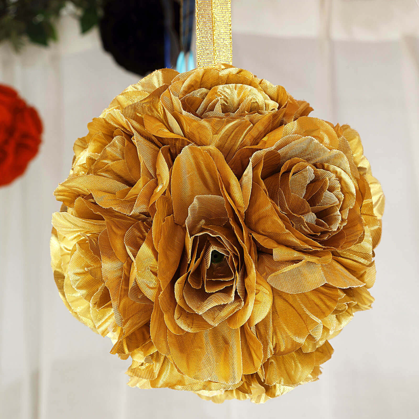 2 Pack Gold Artificial Silk Rose Kissing Ball, Faux Flower Ball 7"