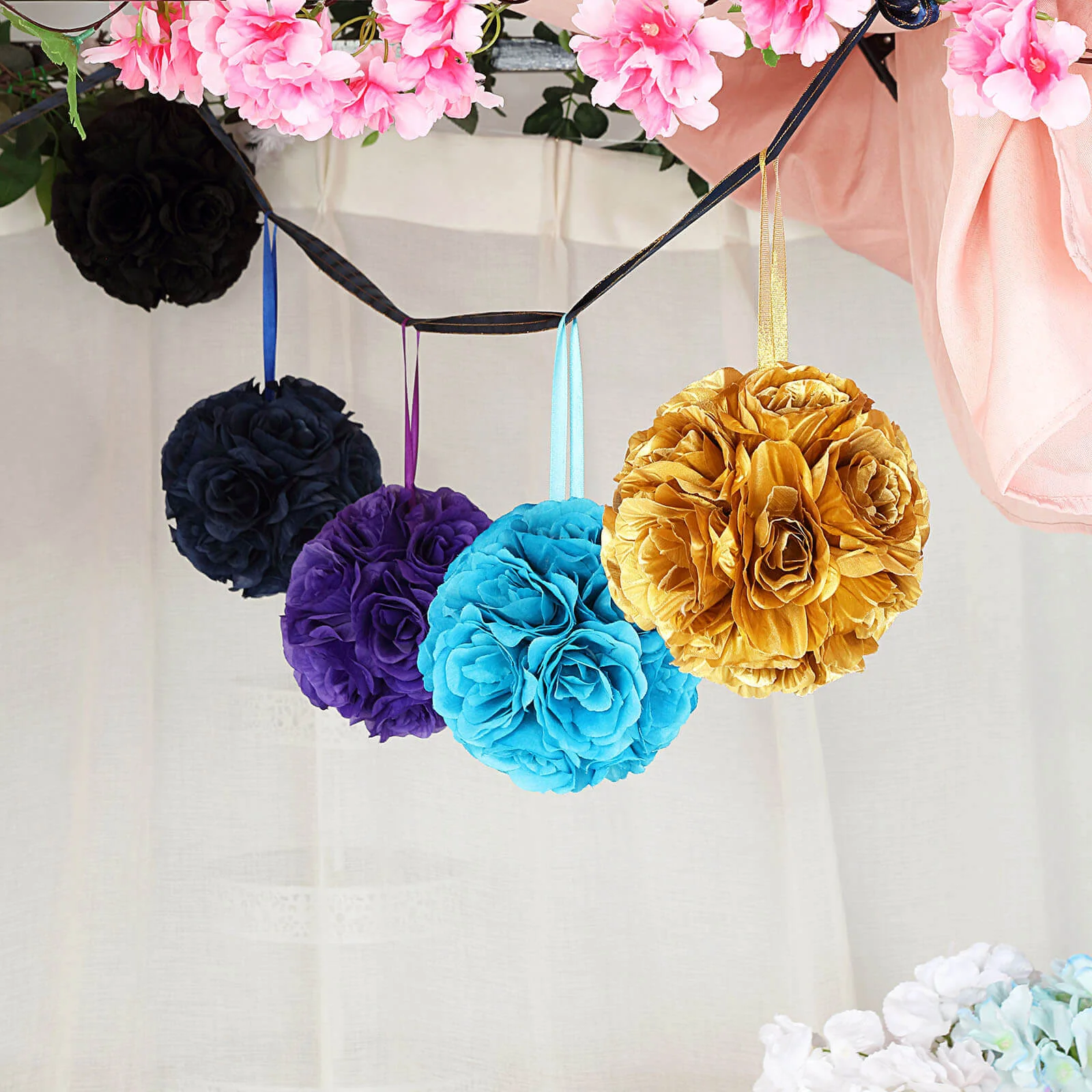 2 Pack Gold Artificial Silk Rose Kissing Ball, Faux Flower Ball 7" - Image 8