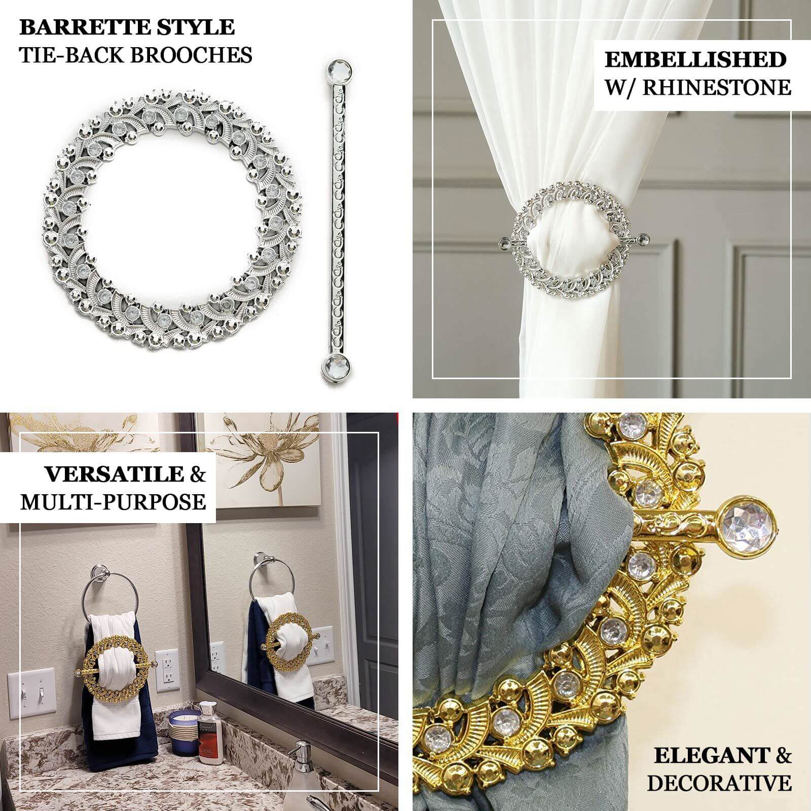 2 Pack Gold Barrette Style Acrylic Crystal Curtain Tie Backs, Round Backdrop Drapery Brooch Holdbacks 7" - Image 4