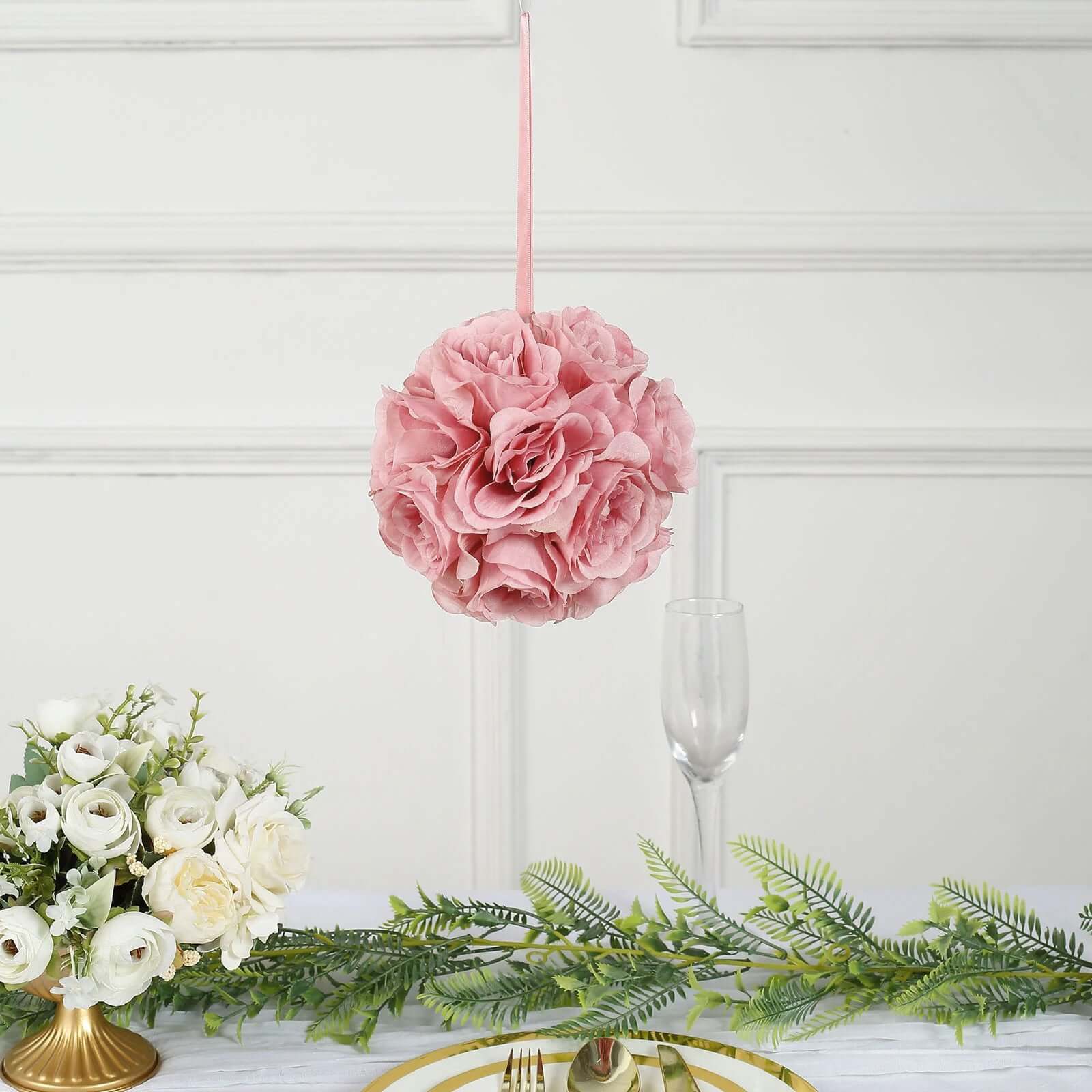 2 Pack Mauve Artificial Silk Rose Kissing Ball, Faux Flower Ball 7" - Image 6