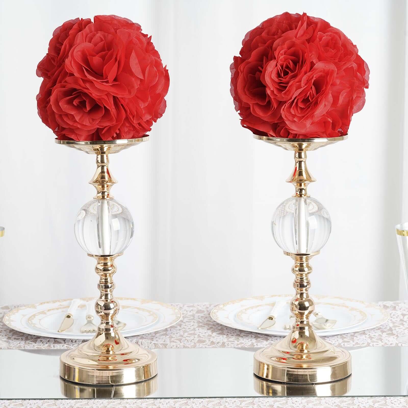 2 Pack Red Artificial Silk Rose Kissing Ball, Faux Flower Ball 7" - Image 2