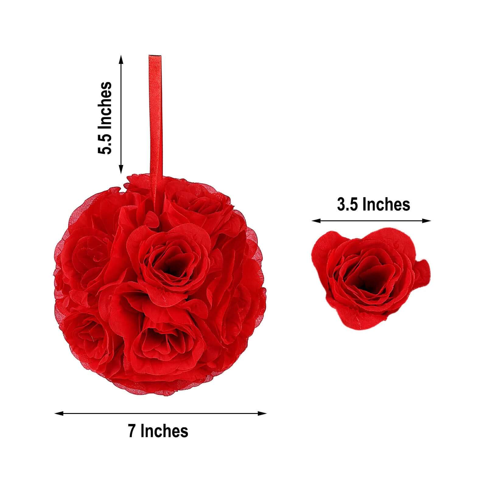 2 Pack Red Artificial Silk Rose Kissing Ball, Faux Flower Ball 7" - Image 3