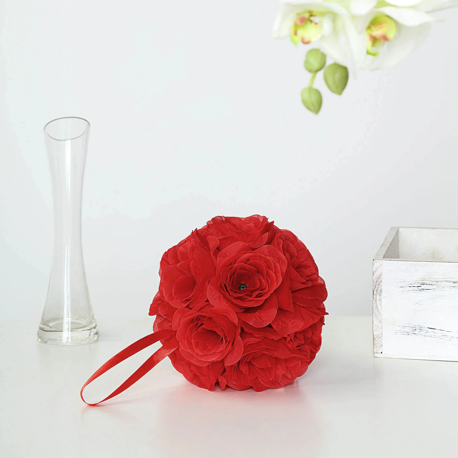 2 Pack Red Artificial Silk Rose Kissing Ball, Faux Flower Ball 7" - Image 6