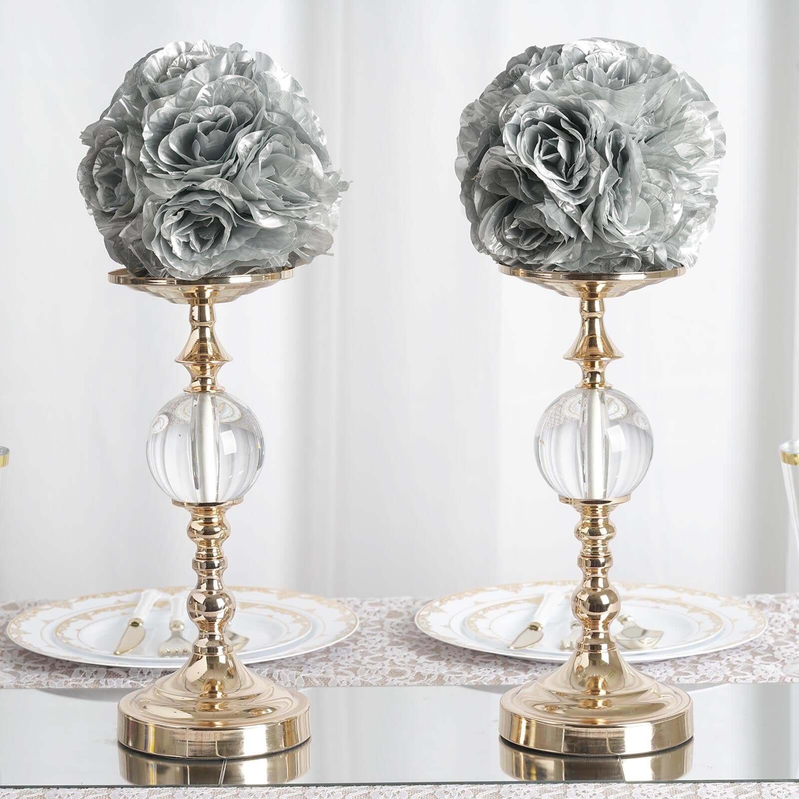 2 Pack Silver Artificial Silk Rose Kissing Ball, Faux Flower Ball 7" - Image 2