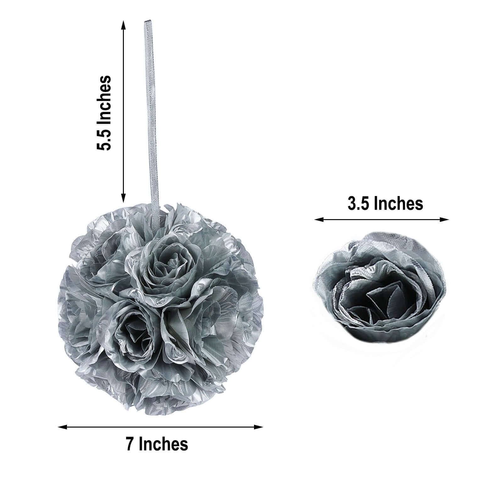 2 Pack Silver Artificial Silk Rose Kissing Ball, Faux Flower Ball 7" - Image 3