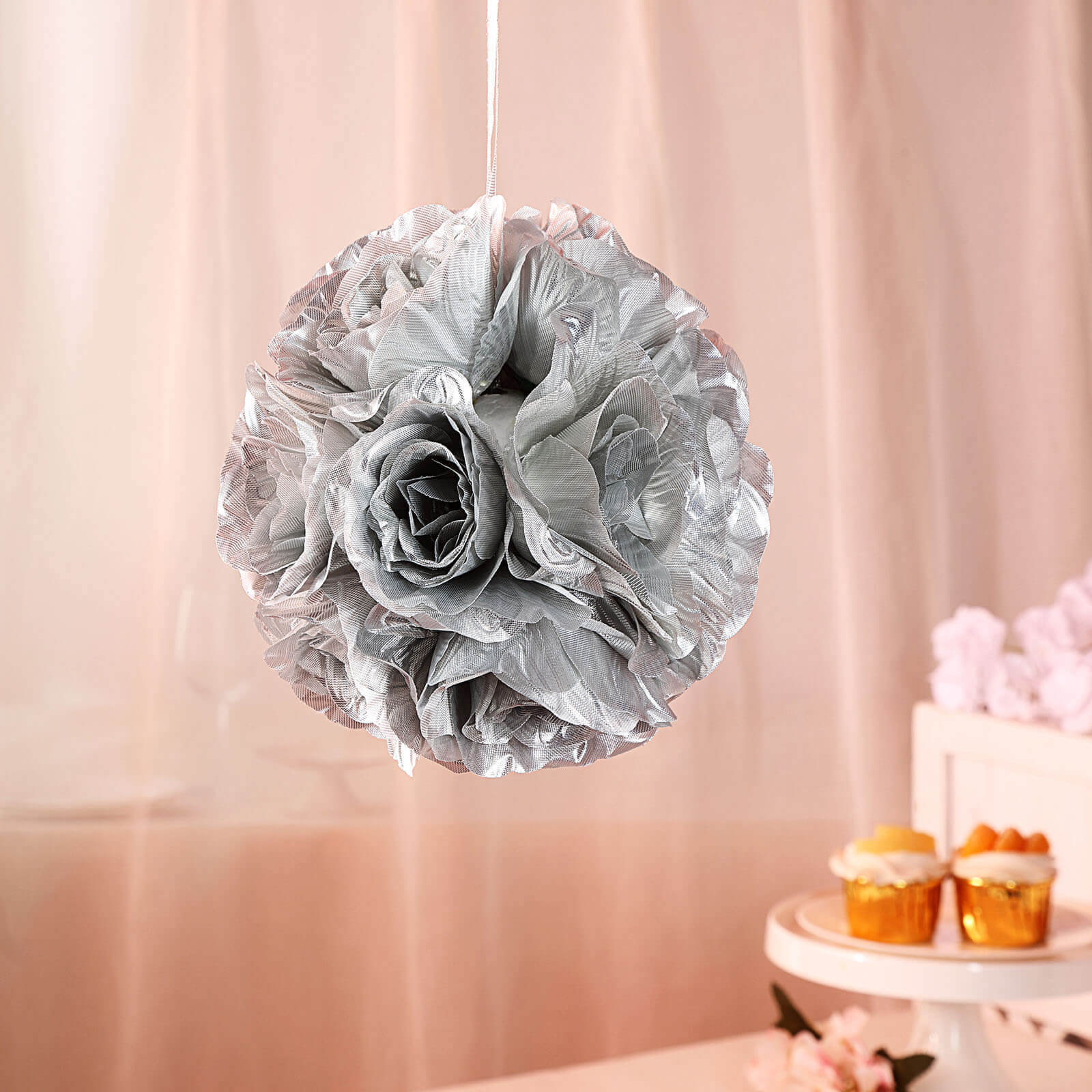 2 Pack Silver Artificial Silk Rose Kissing Ball, Faux Flower Ball 7" - Image 7