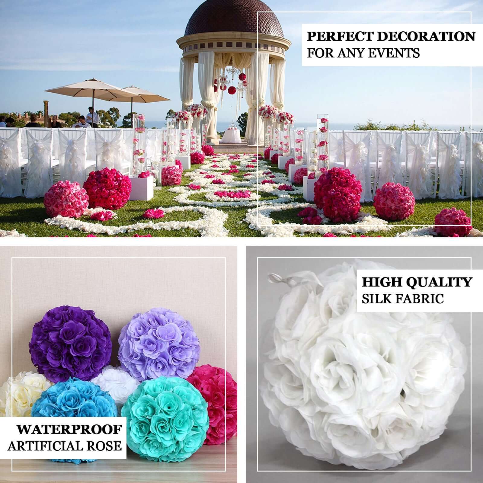 2 Pack White Artificial Silk Rose Kissing Ball, Faux Flower Ball 7" - Image 4