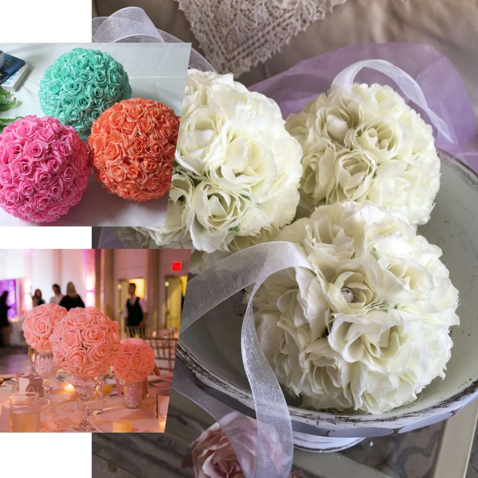 2 Pack White Artificial Silk Rose Kissing Ball, Faux Flower Ball 7" - Image 5